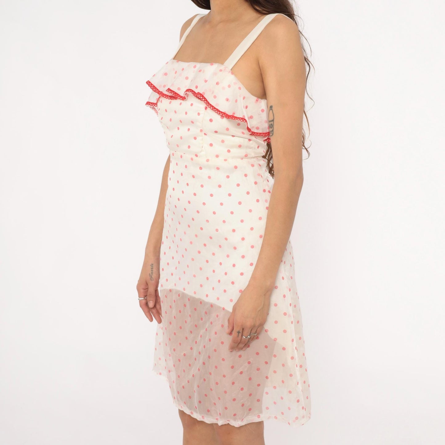 80s Pink White Polka Dot Midi Dress Red Ribbon Ruffle Spaghetti Strap Extra Small