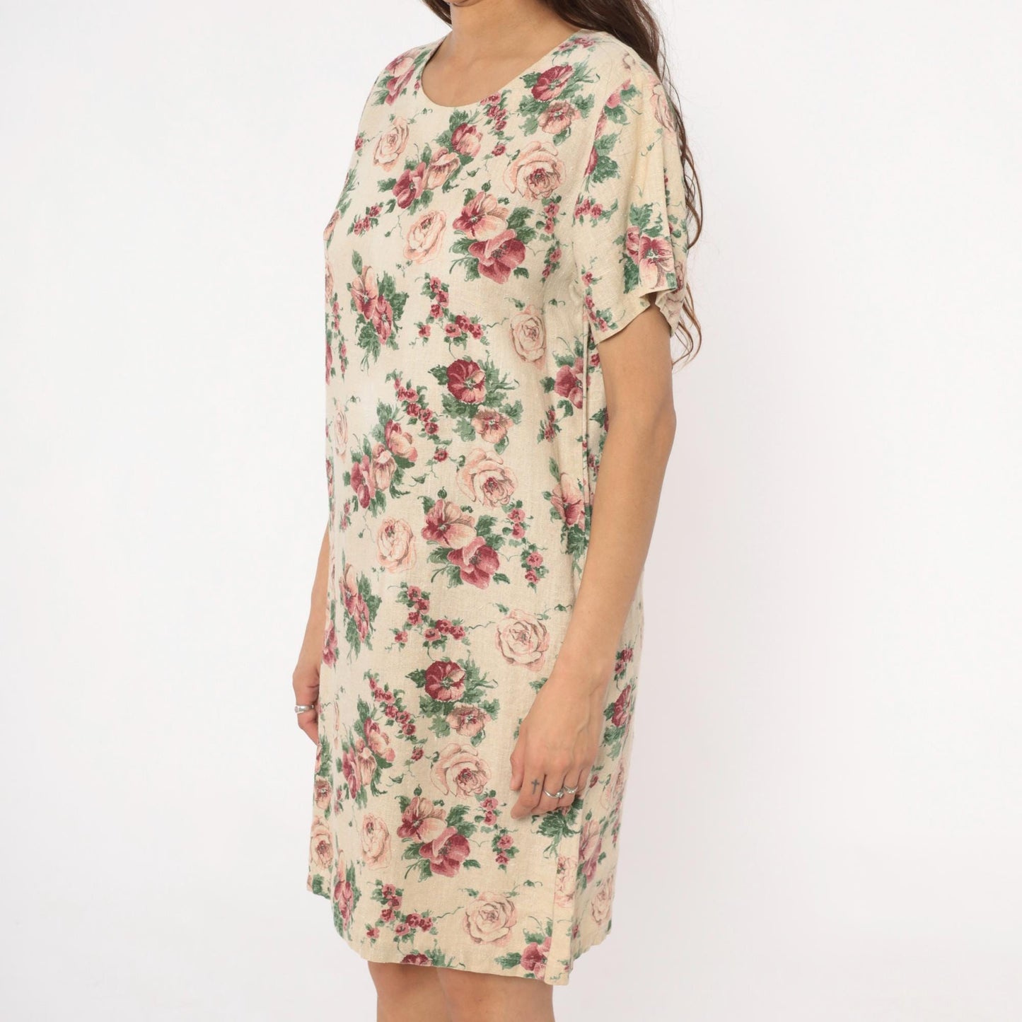 80s Floral Hawaiian Dress Linen Blend Cream Pink Tapestry Print Shift Medium