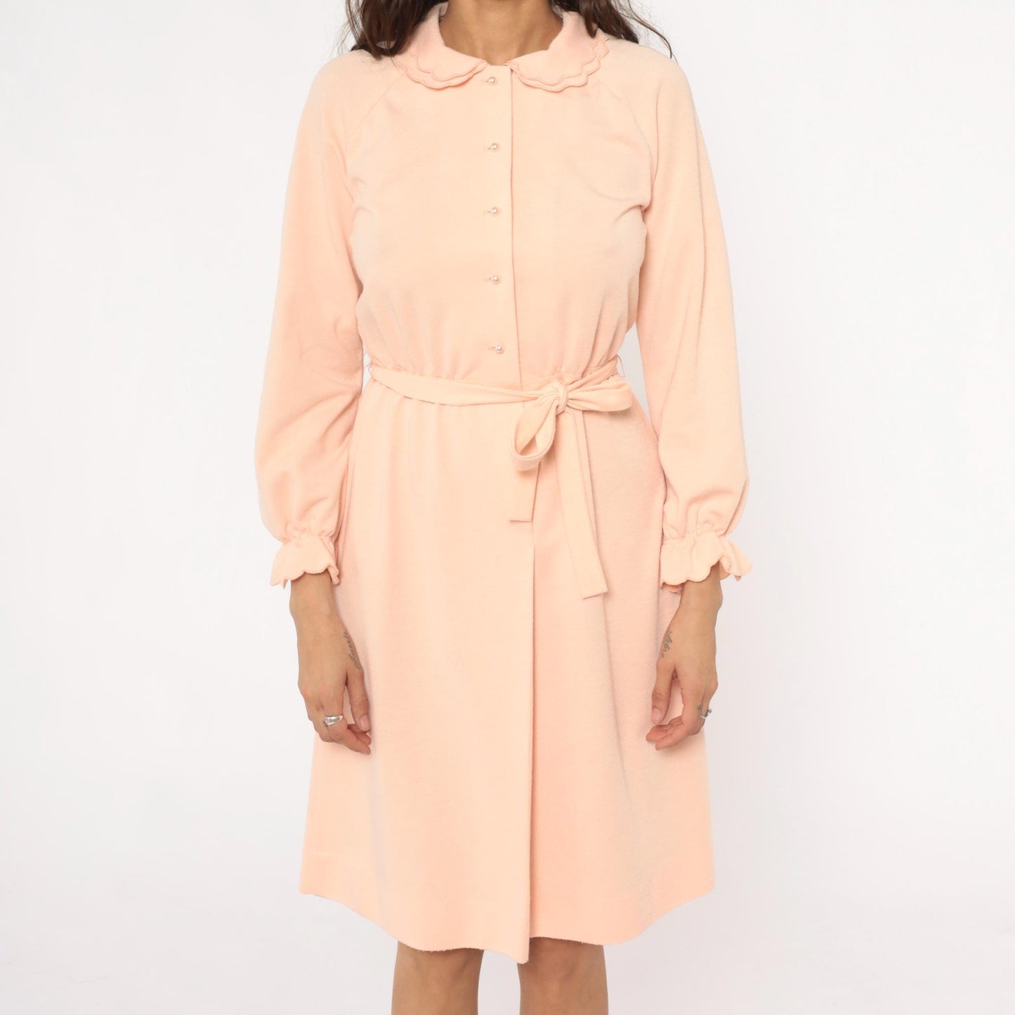 80s Leslie Fay Peach Dress Peter Pan Collar Button Front Belted Small
