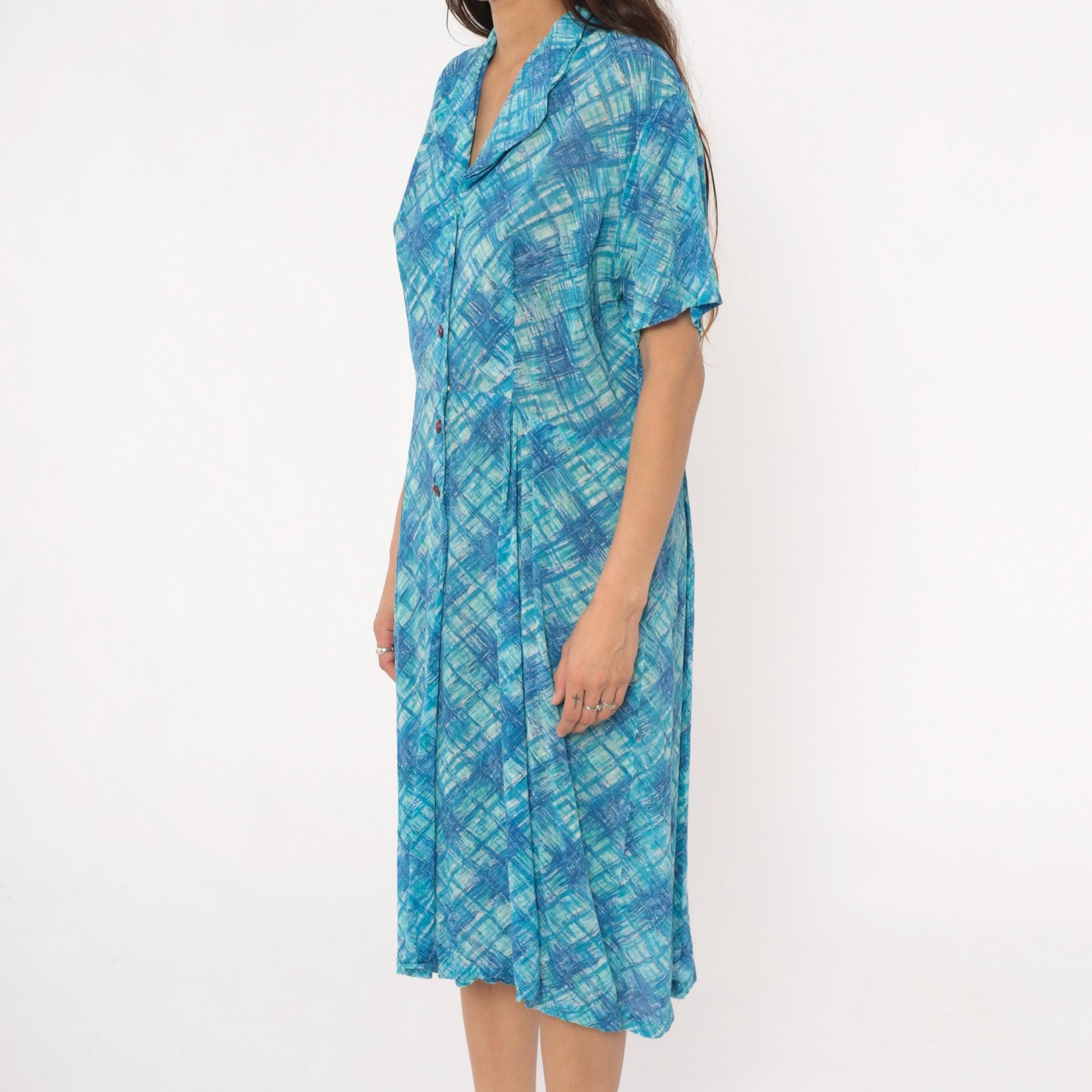 60s Blue Crosshatch Plaid Button-Front Shirtdress Short Sleeve Cotton Large L