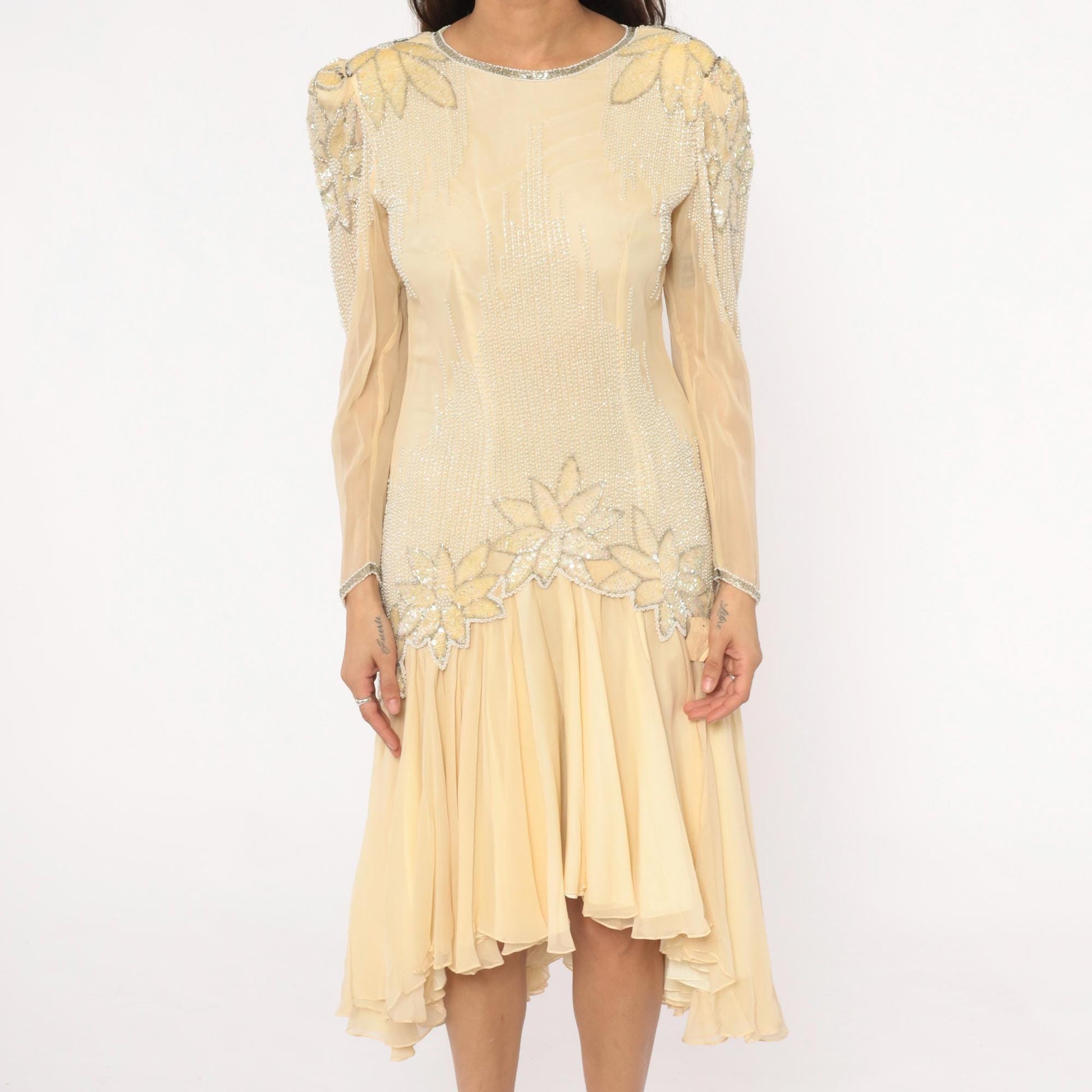 80s Sho Max Originals Silk Dress Beaded Drop Waist Cream Medium M