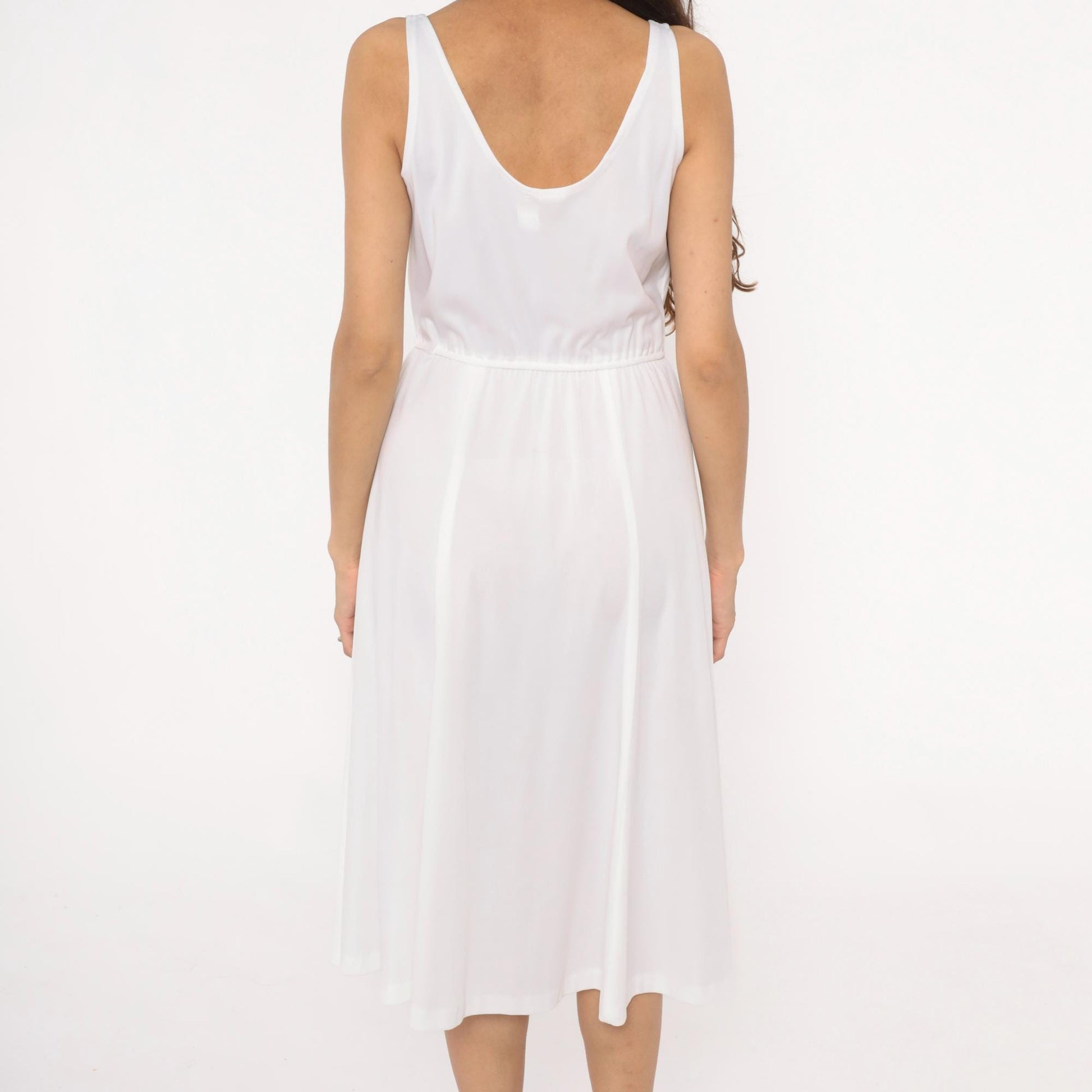 70s White Midi Dress Elastic Waist Scoop Neck A-Line Tank Strap Medium M