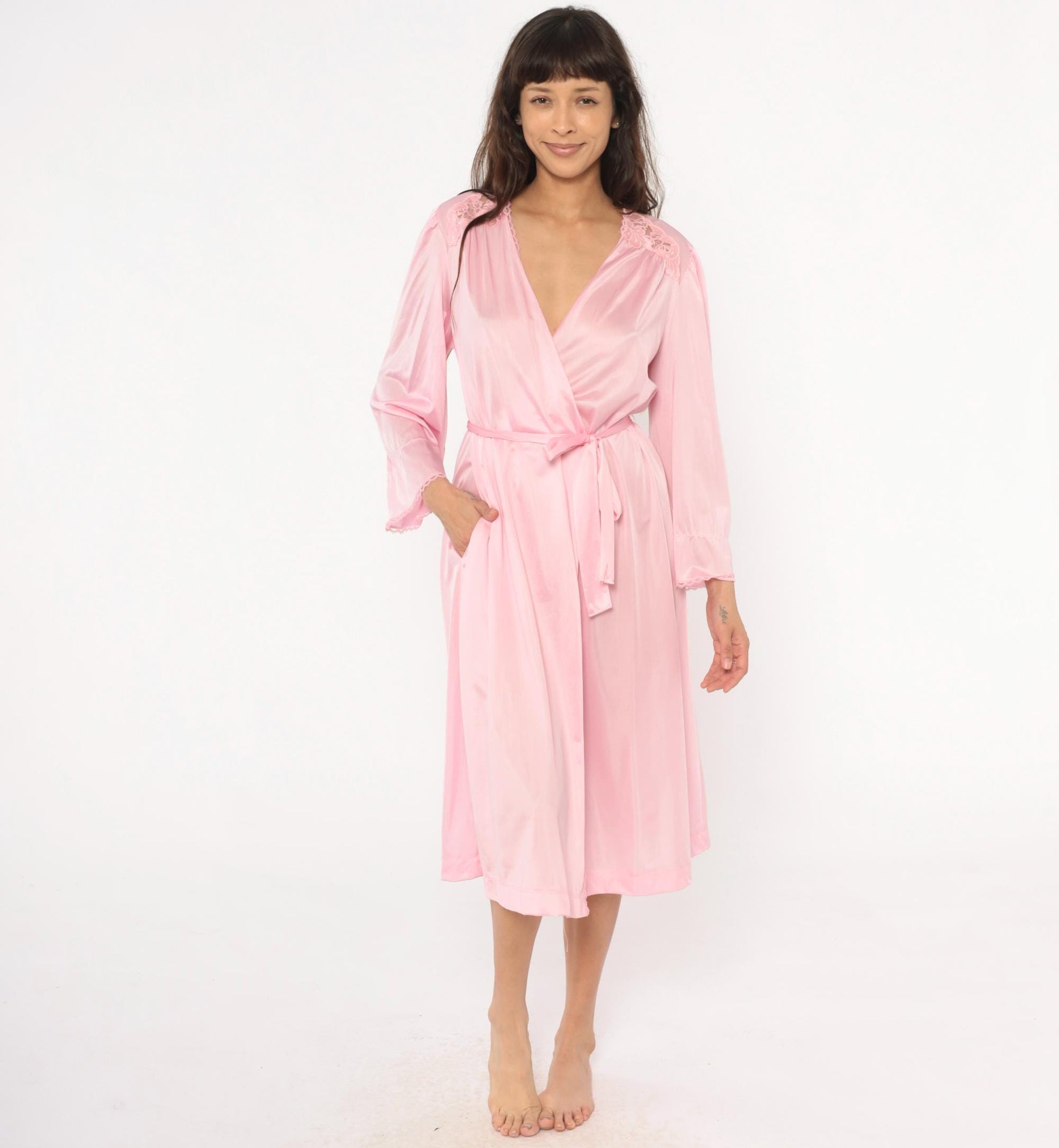70s Lorraine Pink Lace Wrap Robe V-Neck Tie Front Lingerie Medium M