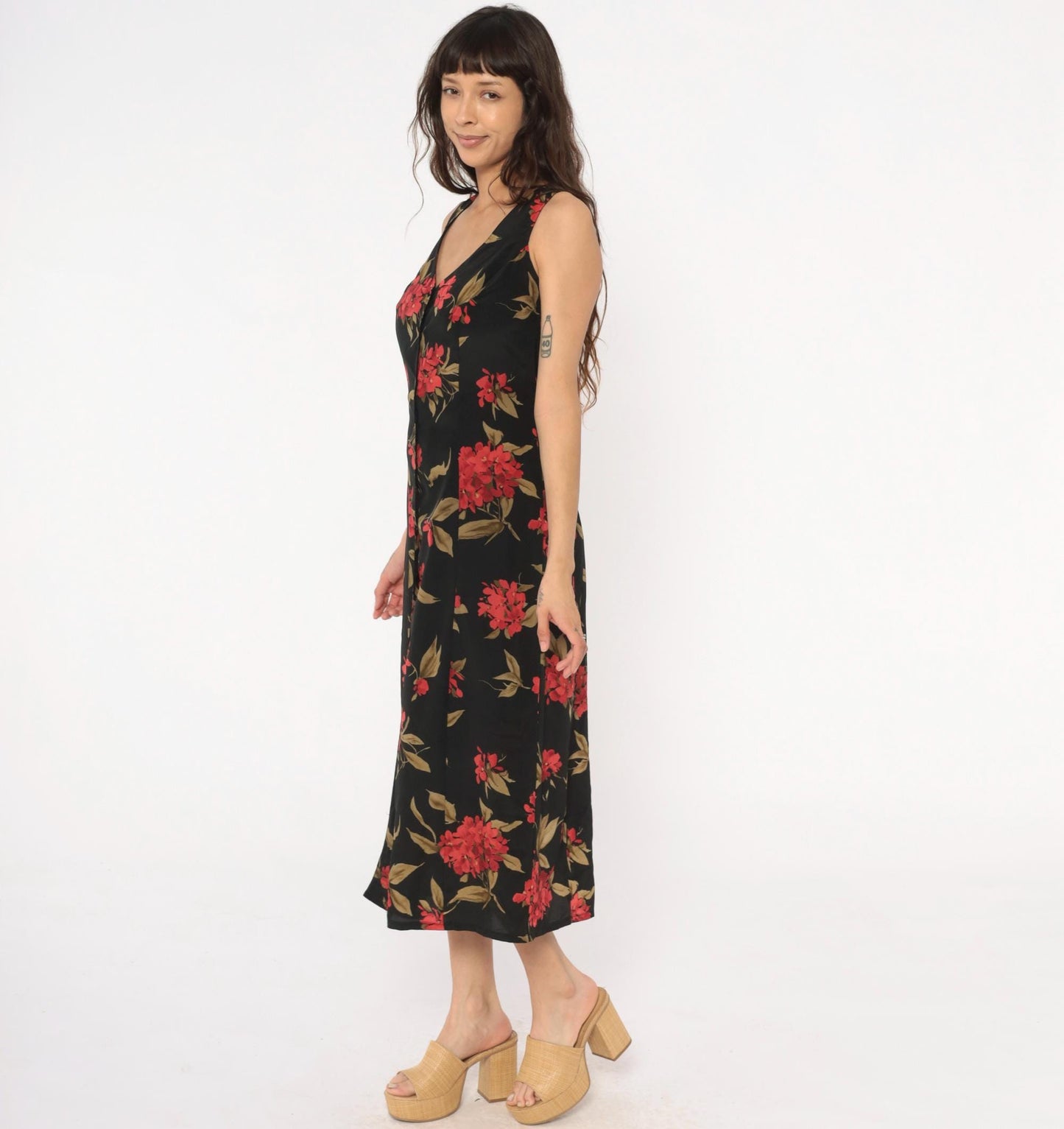 90s Expressions Floral Maxi Dress Black Red Coral Sleeveless V-Neck Medium