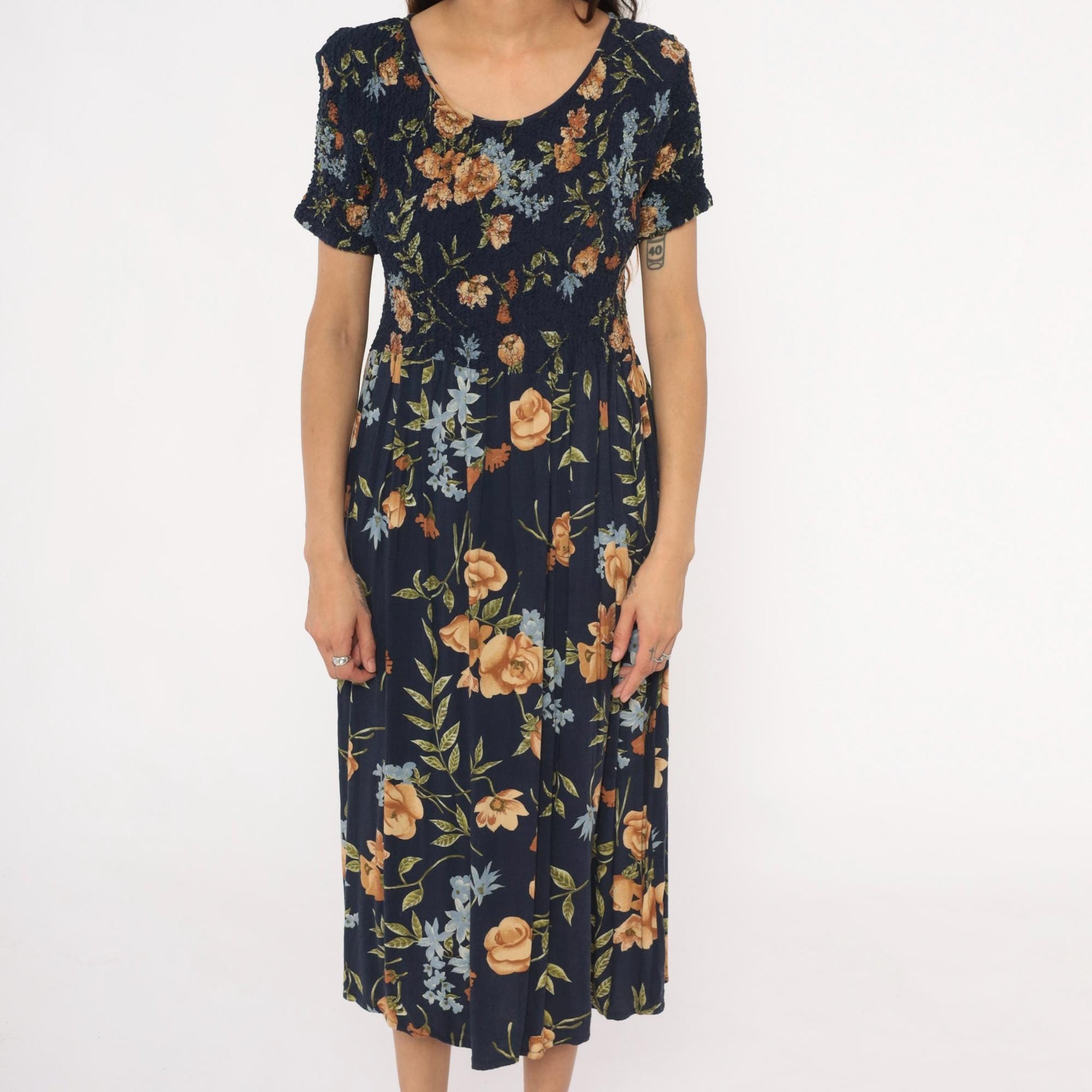 90s Impressions Navy Floral Midi Dress Smocked Empire Waist Short Sleeve Large L