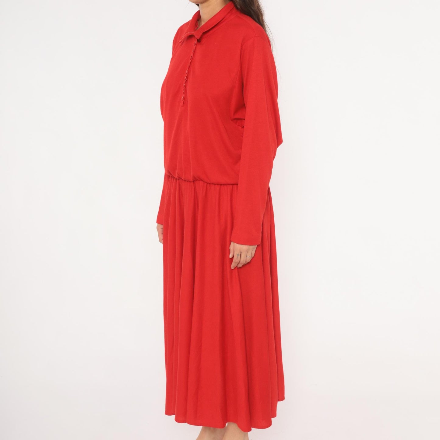 90s Positive Attitude Red Polo Dress Maxi Gathered Waist Long Sleeve Large L
