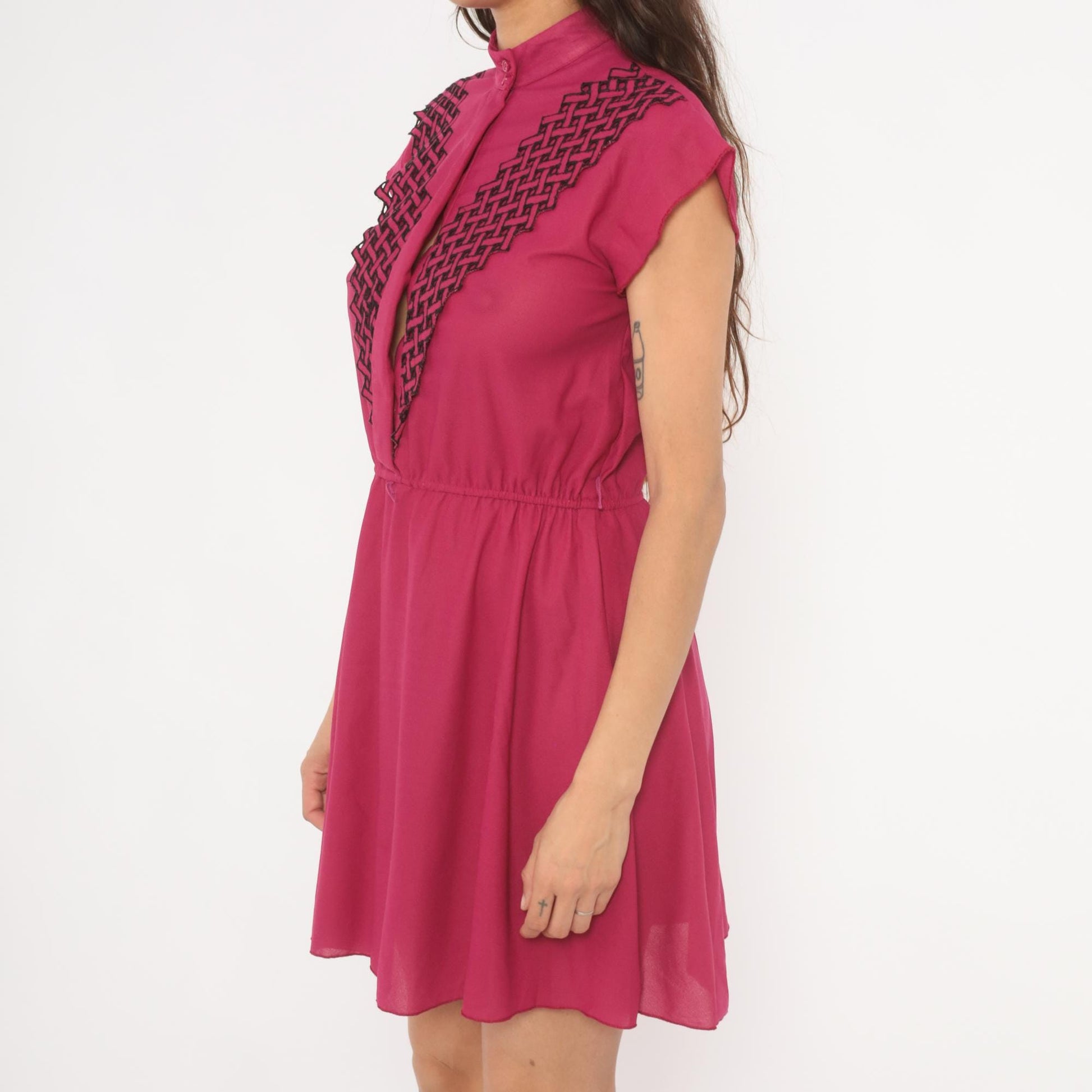 80s Good News from California Fuchsia Mini Dress Mandarin Collar Geometric Embroidery Small S