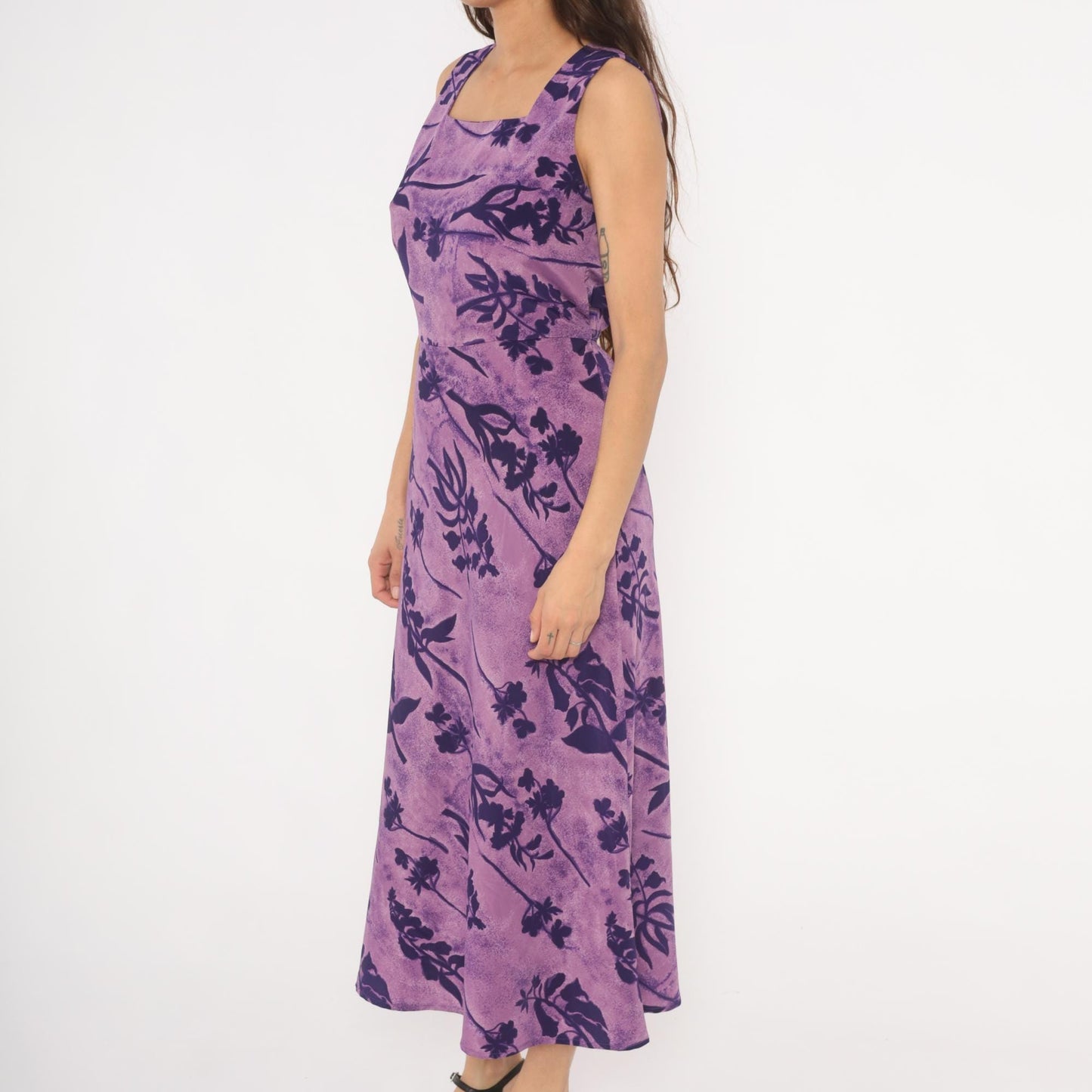 90s Jaclyn Smith Purple Floral Maxi Dress Square Neck Sleeveless Small S