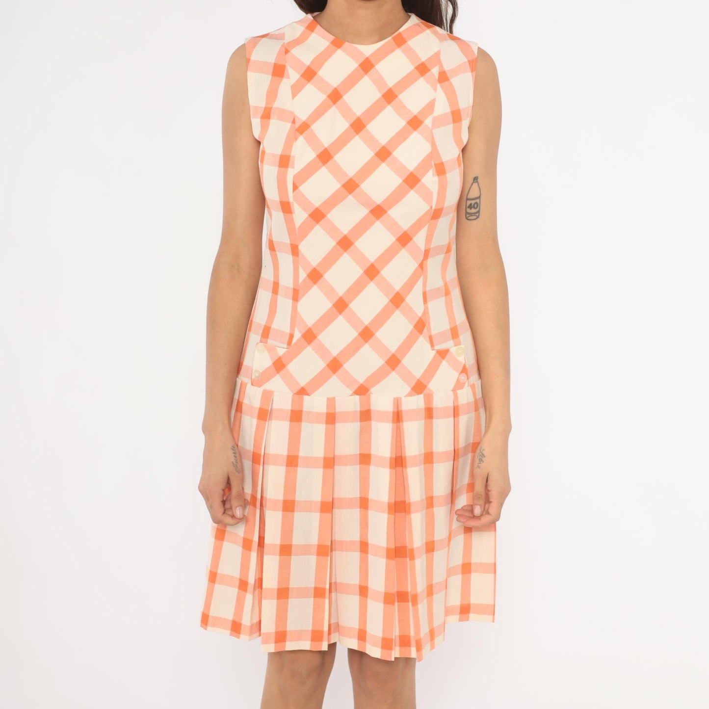 60s Orange Cream Gingham Drop Waist Dress Pleated Sleeveless Shift Small