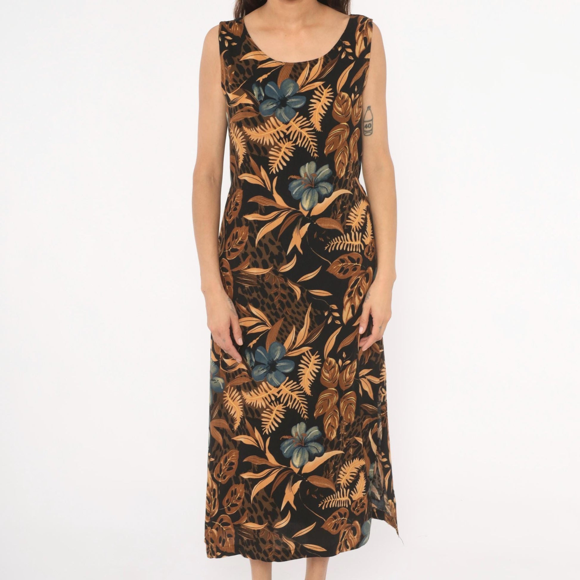 90s California Krush Tropical Floral Midi Dress Sleeveless Black Medium M