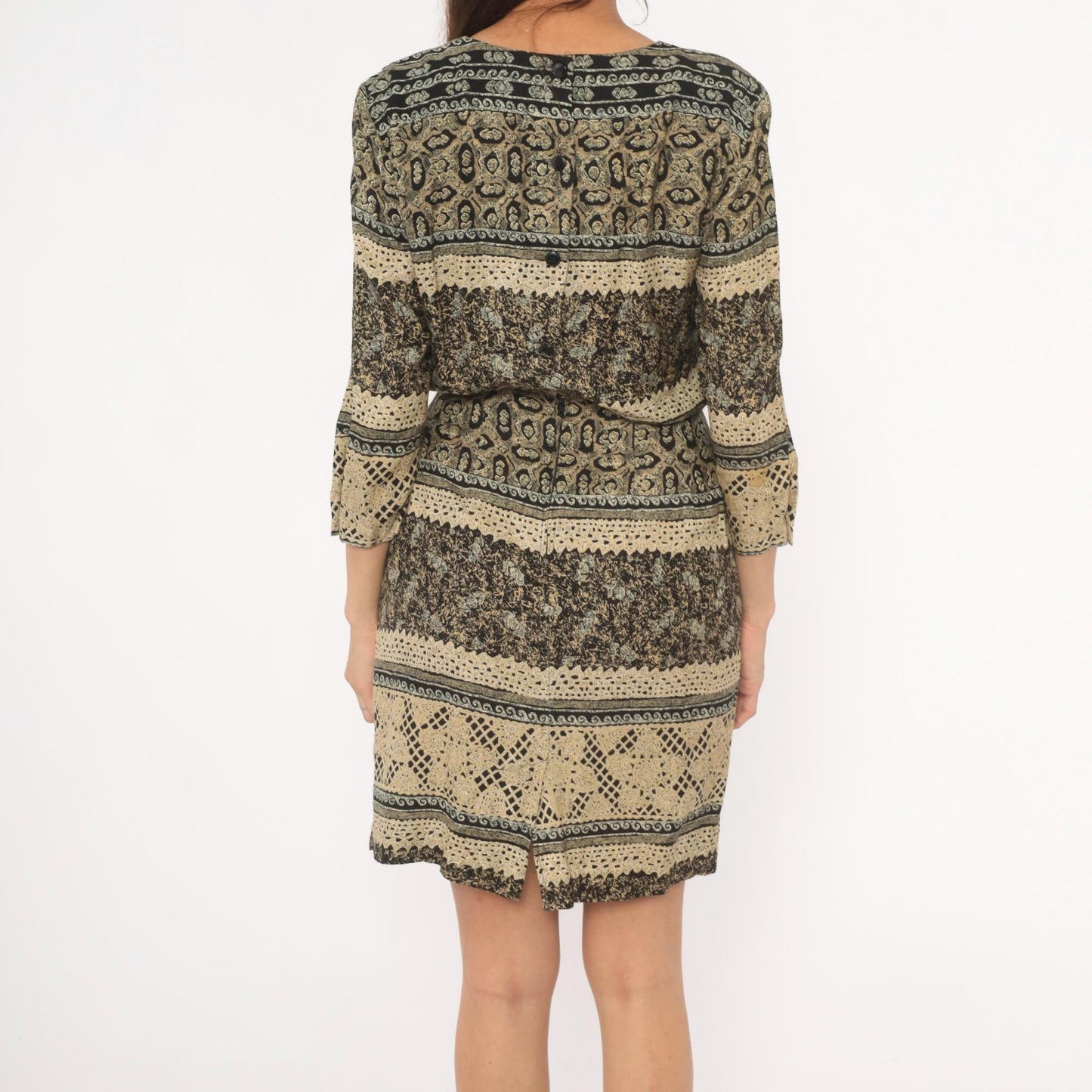90s RJ Stevens Mini Dress Paisley Floral Stripe Black Tan Olive Medium M