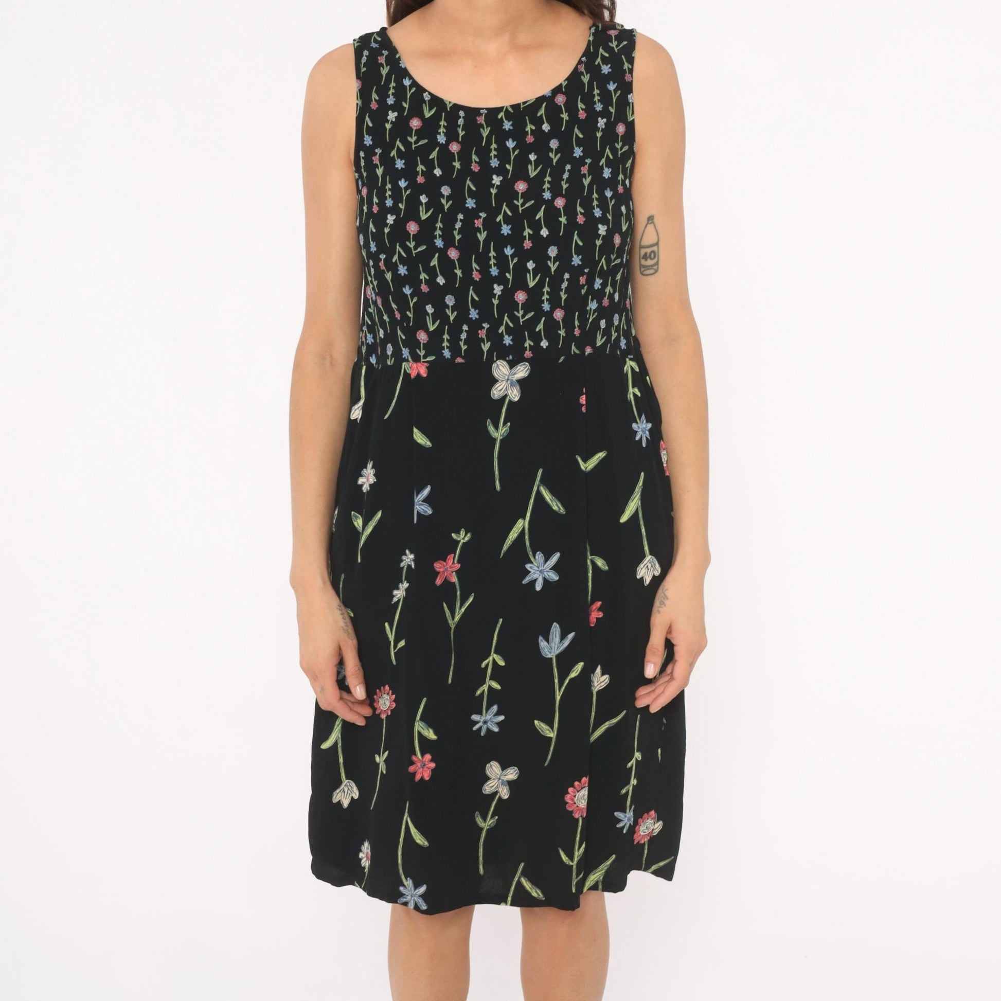 90s Putumayo Black Floral Sundress Knee Length Wildflower Embroidered Medium M