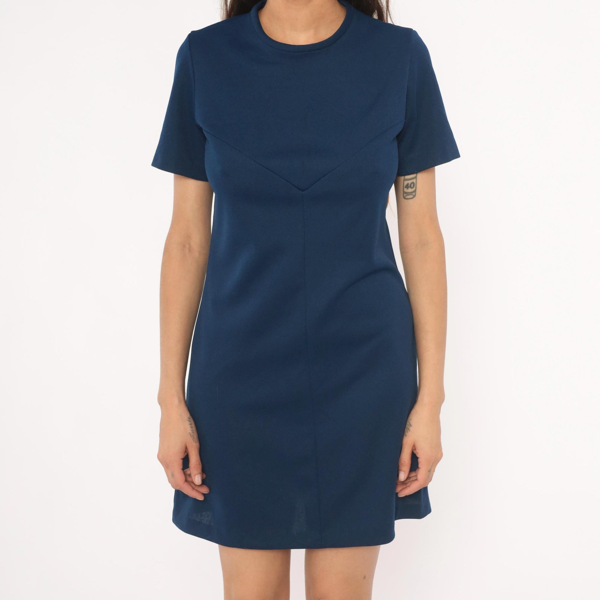 70s Navy Shift Dress Mini A-Line Short Sleeve Crew Neck Sears Knit Small S