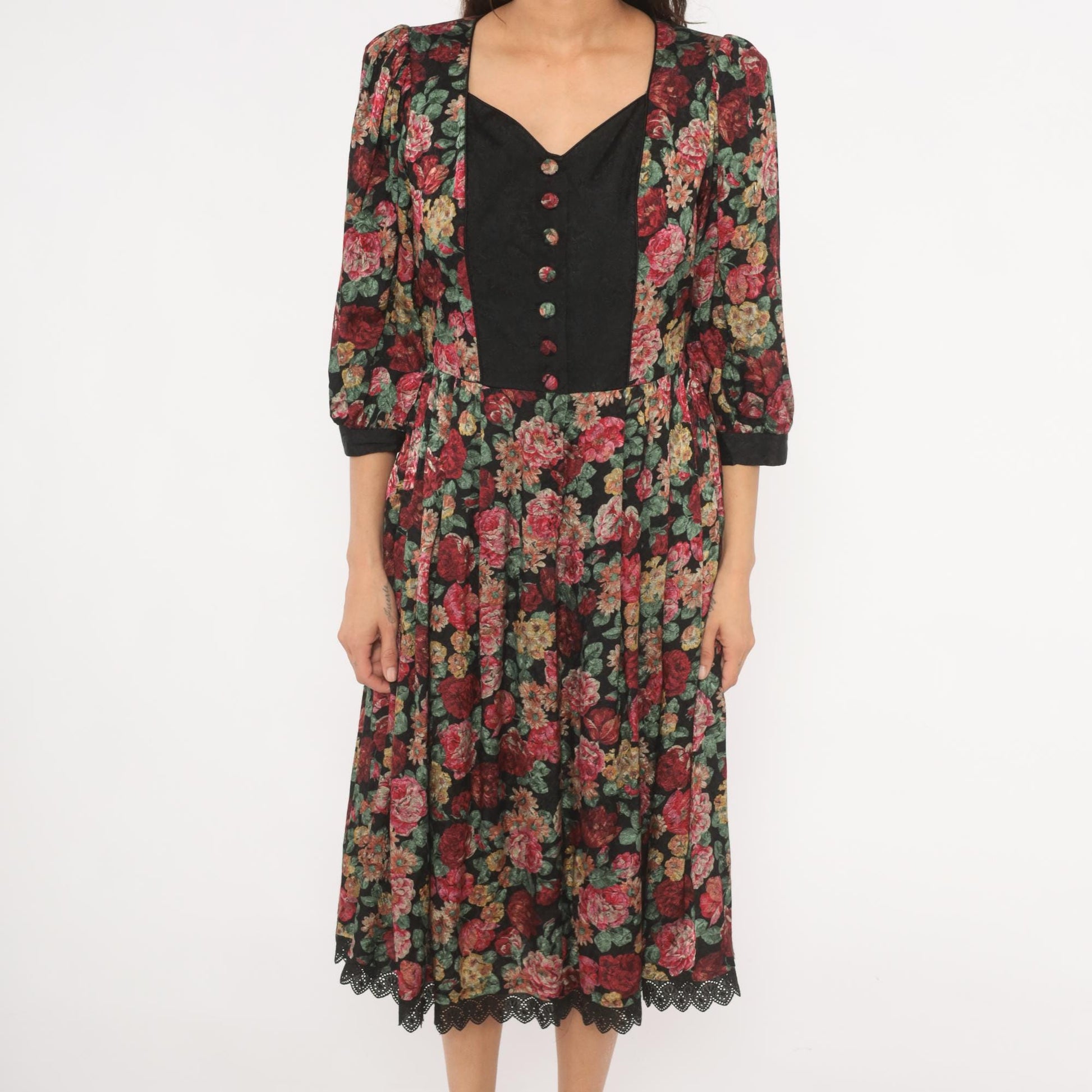 90s Rose Dirndl Dark Floral Midi Dress Black Sweetheart Neckline Medium M