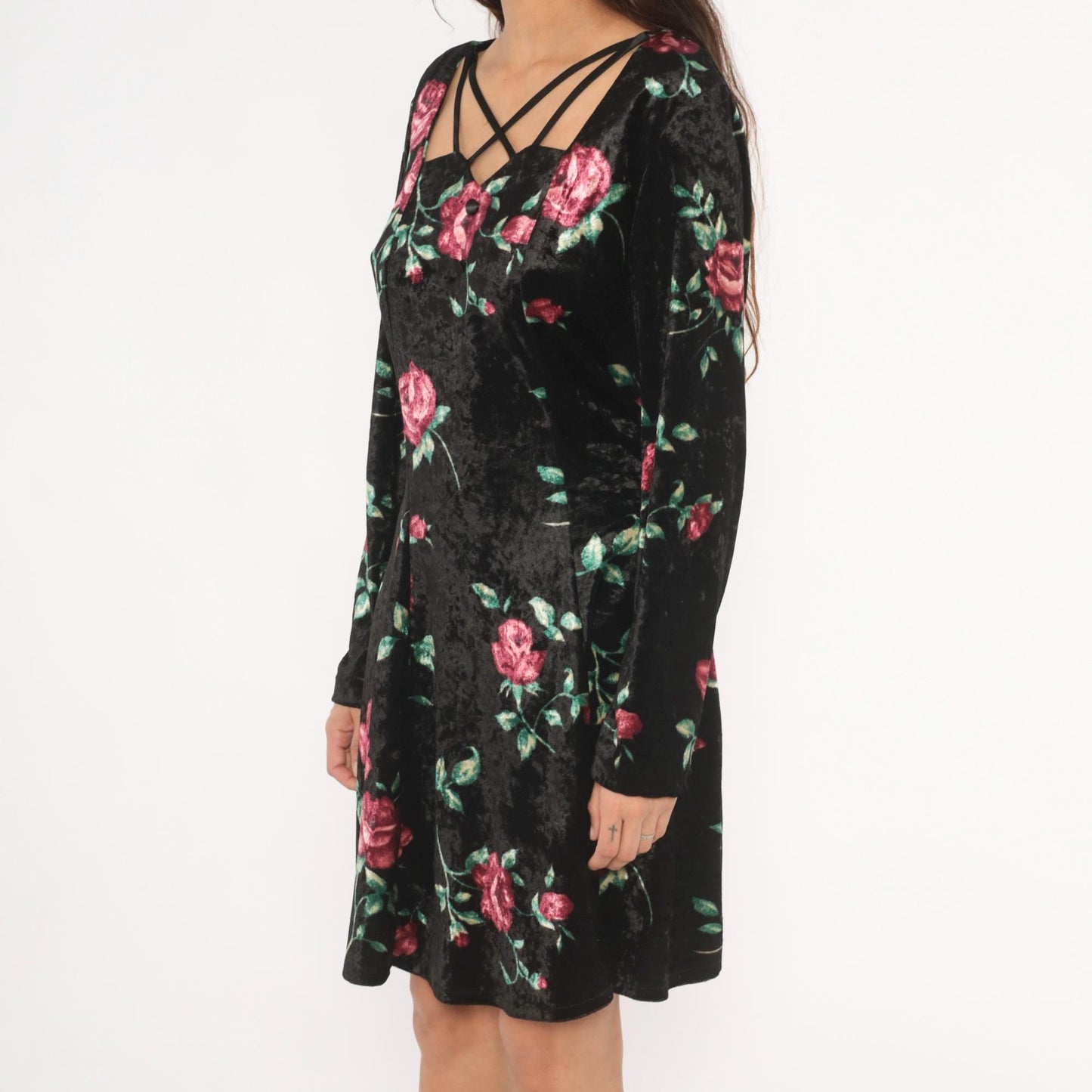 90s Jamie Brooke Velvet Mini Dress Black Rose Floral Square Neckline Large L