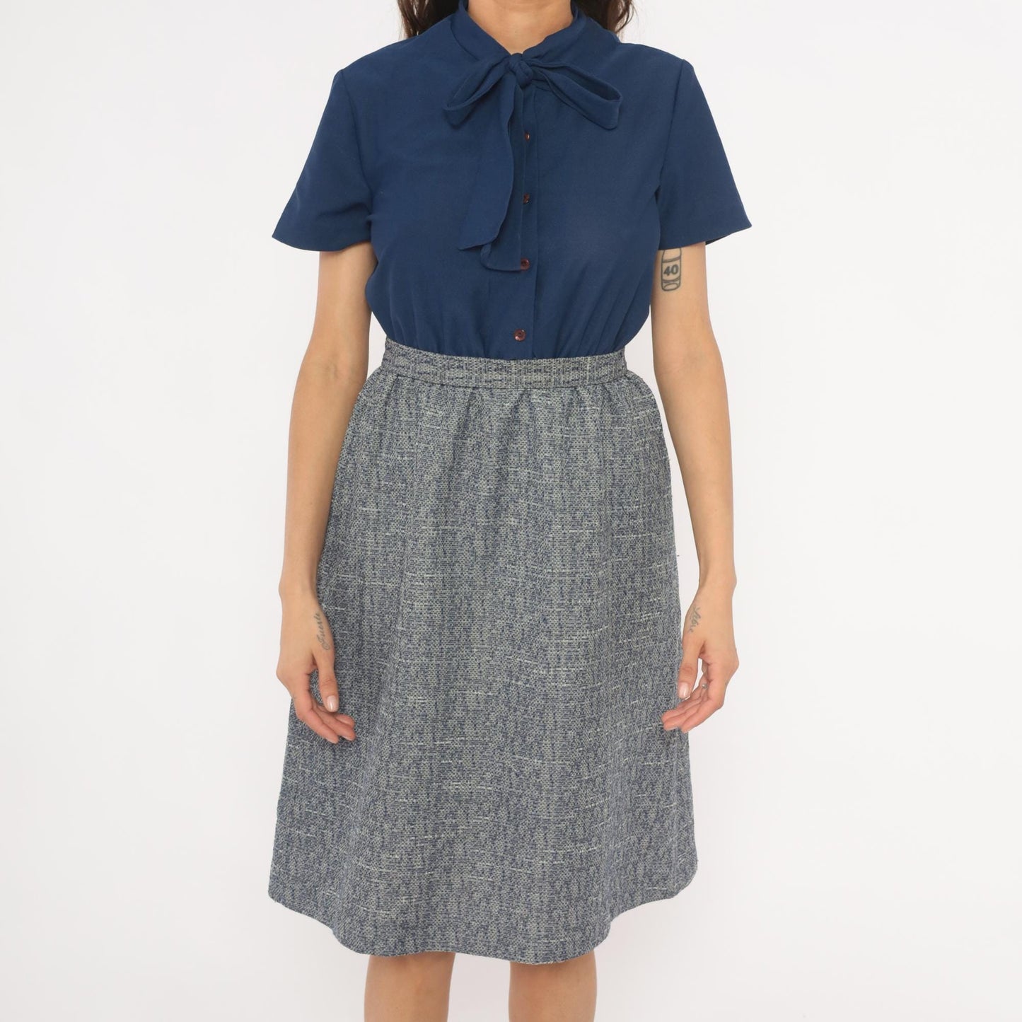 70s Sherri Lynn Navy Bow Tie Blouse Tweed A-Line Dress Knee Length Small