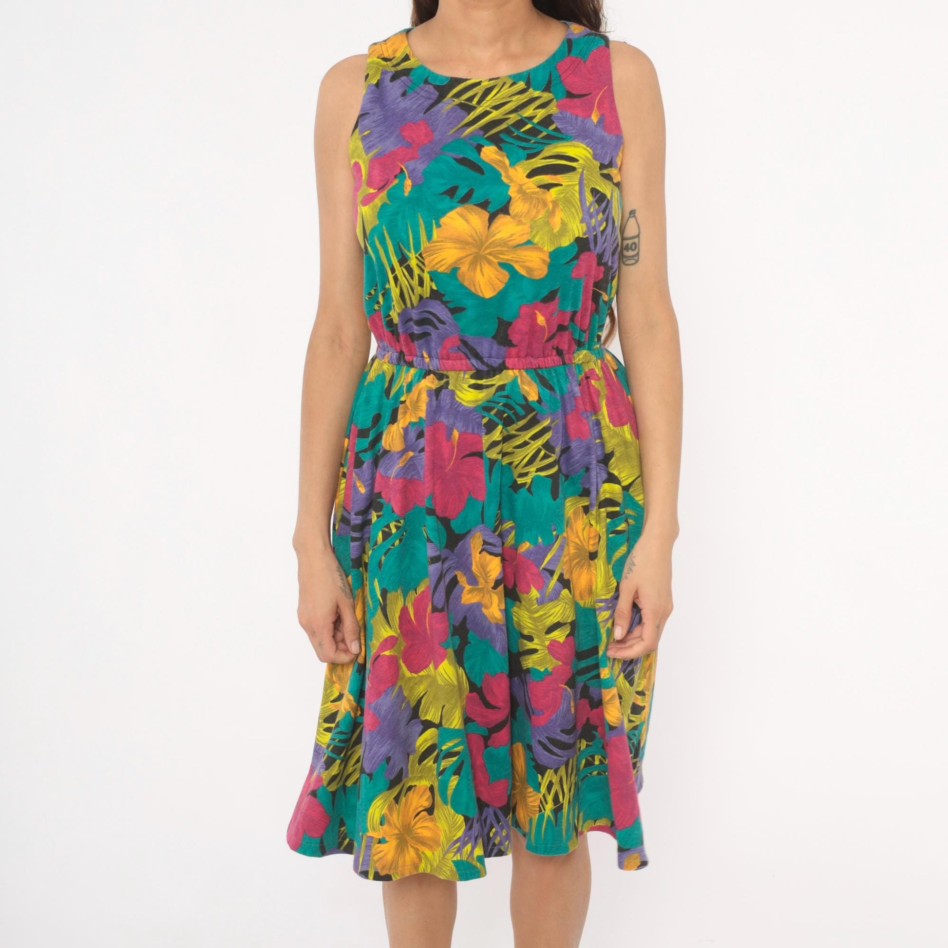90s Ifi Tropical Floral Sundress Hibiscus Monstera Print Scoop Neck Medium M