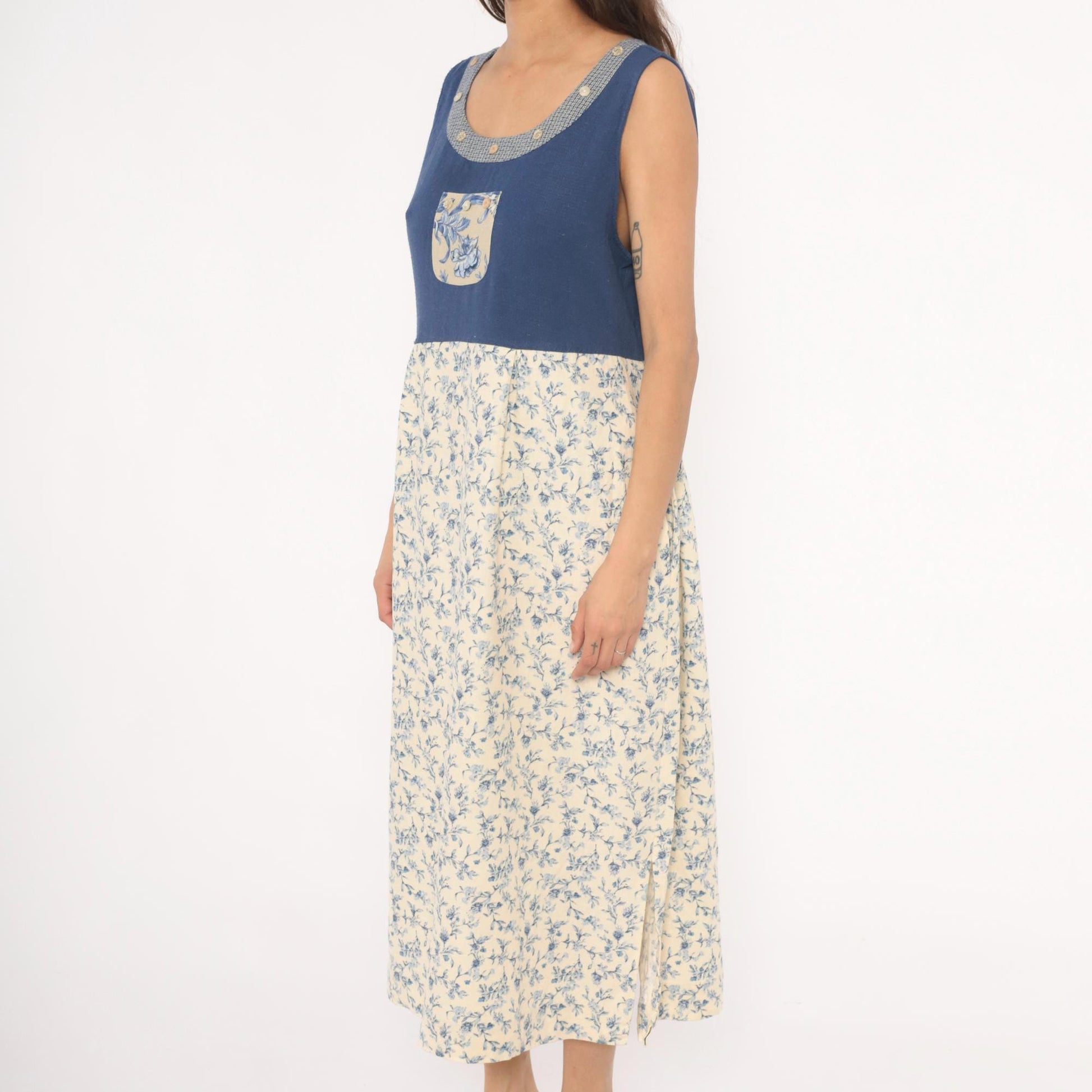 90s Napa Valley Floral Jumper Dress Blue Cream Linen Midi Large L