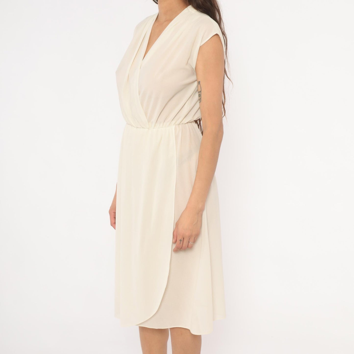 70s Oops Cream Wrap Dress V-Neck Cap Sleeve Midi Ivory Small S