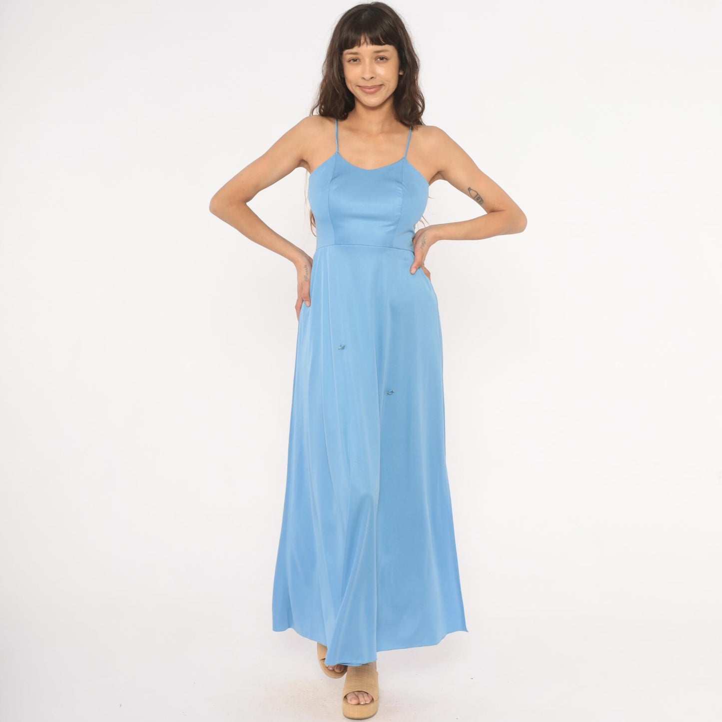 70s Sky Blue Maxi Dress Spaghetti Strap Rosette Detail Side Slit Extra Small XS