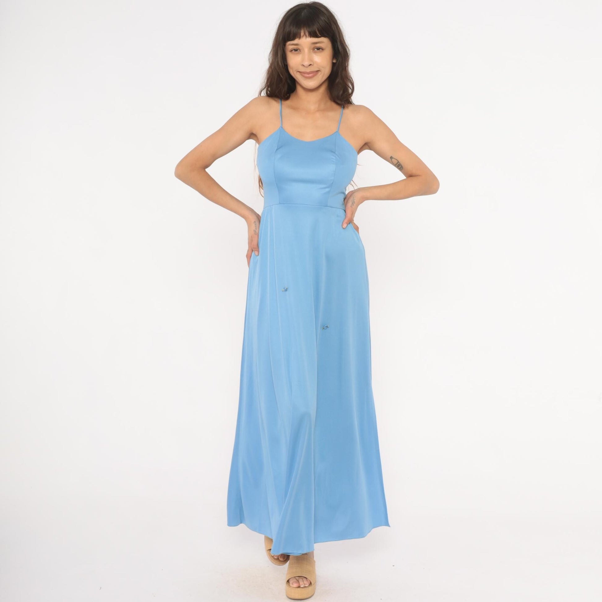 70s Sky Blue Maxi Dress Spaghetti Strap Rosette Detail Side Slit Extra Small XS