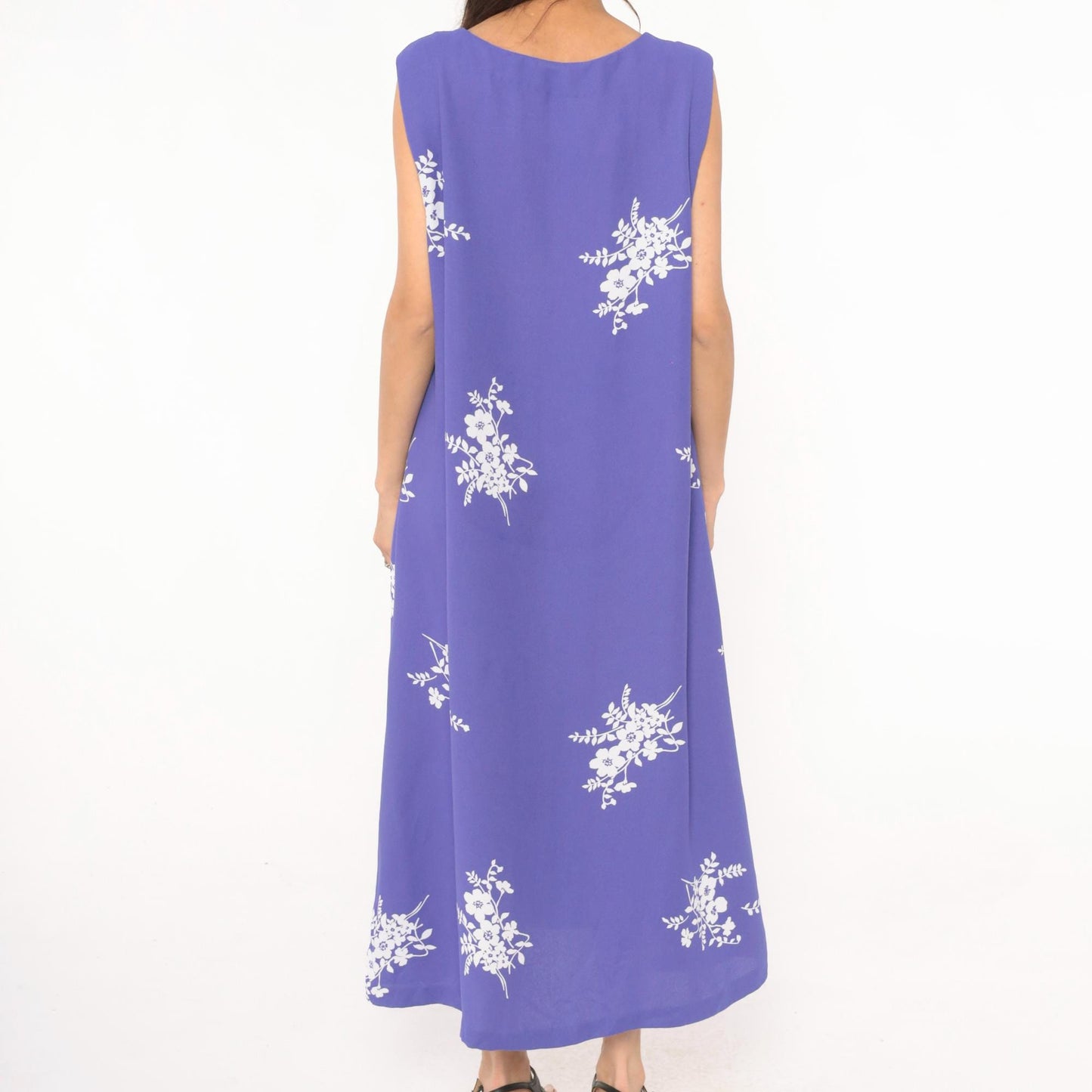 90s Periwinkle Floral Maxi Dress Sleeveless White Embroidered A-Line Extra Large XXL