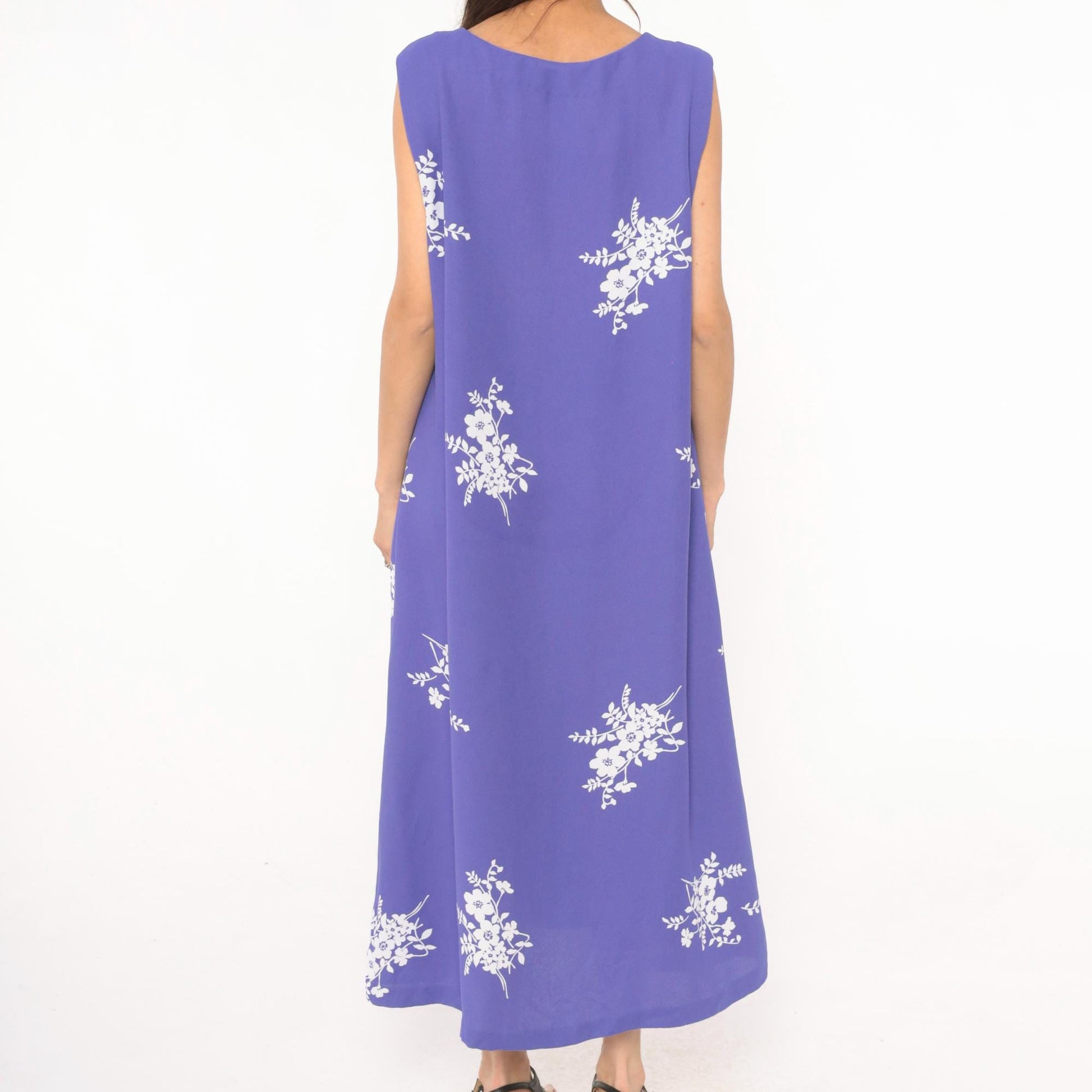 90s Periwinkle Floral Maxi Dress Sleeveless White Embroidered A-Line Extra Large XXL