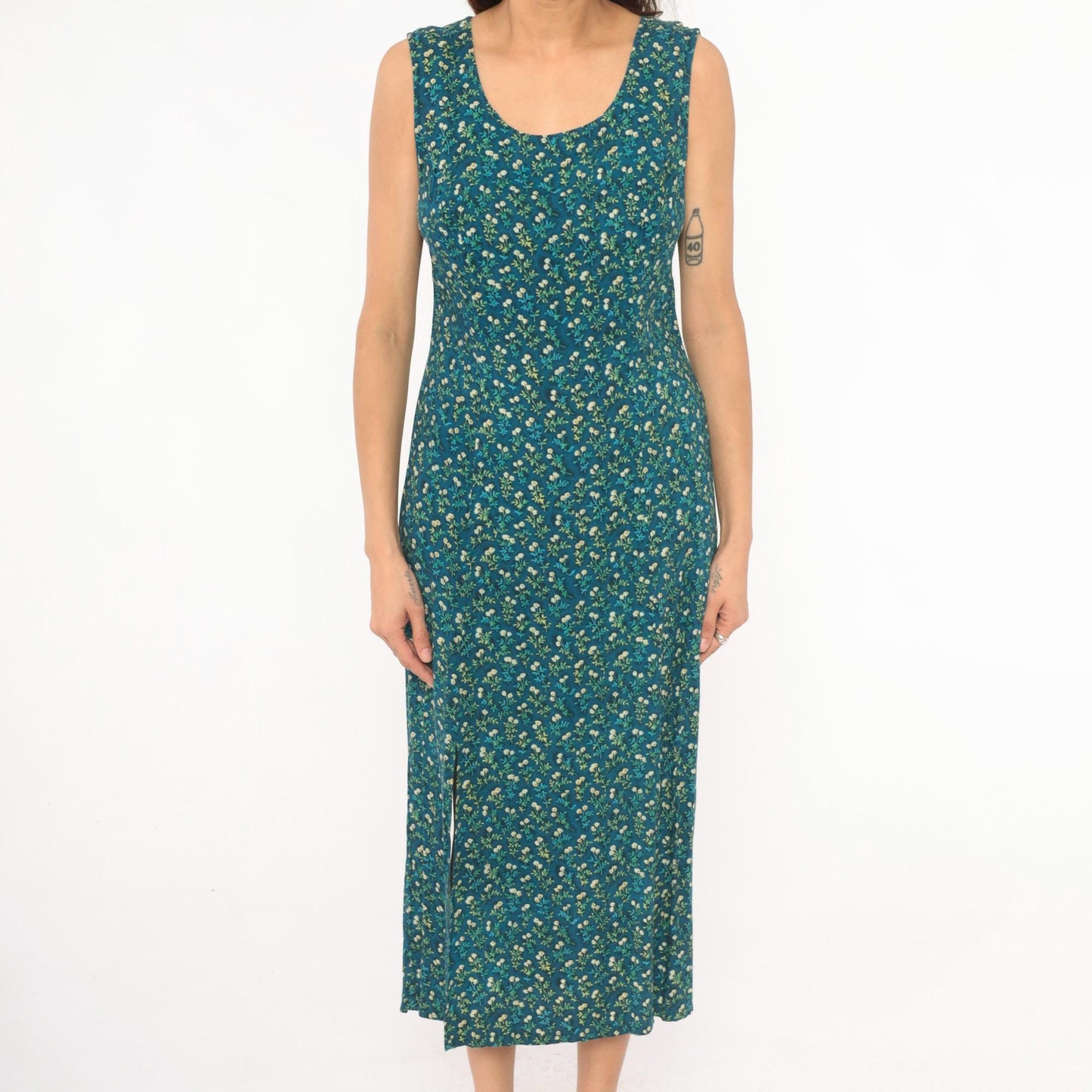 90s TR Bentley Floral Midi Dress Teal Sleeveless Scoop Neck Medium M