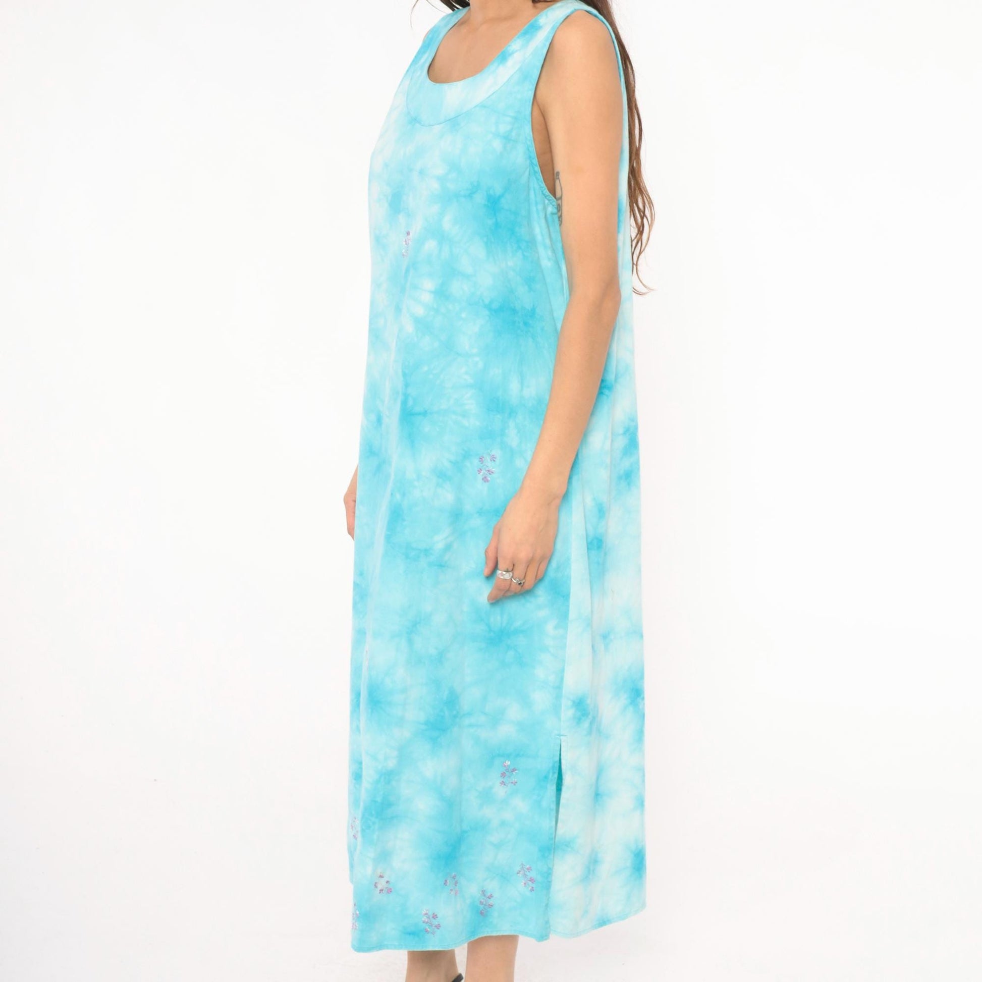 90s Basic Editions Tie Dye Maxi Dress Sky Blue Embroidered Floral Cotton Medium M