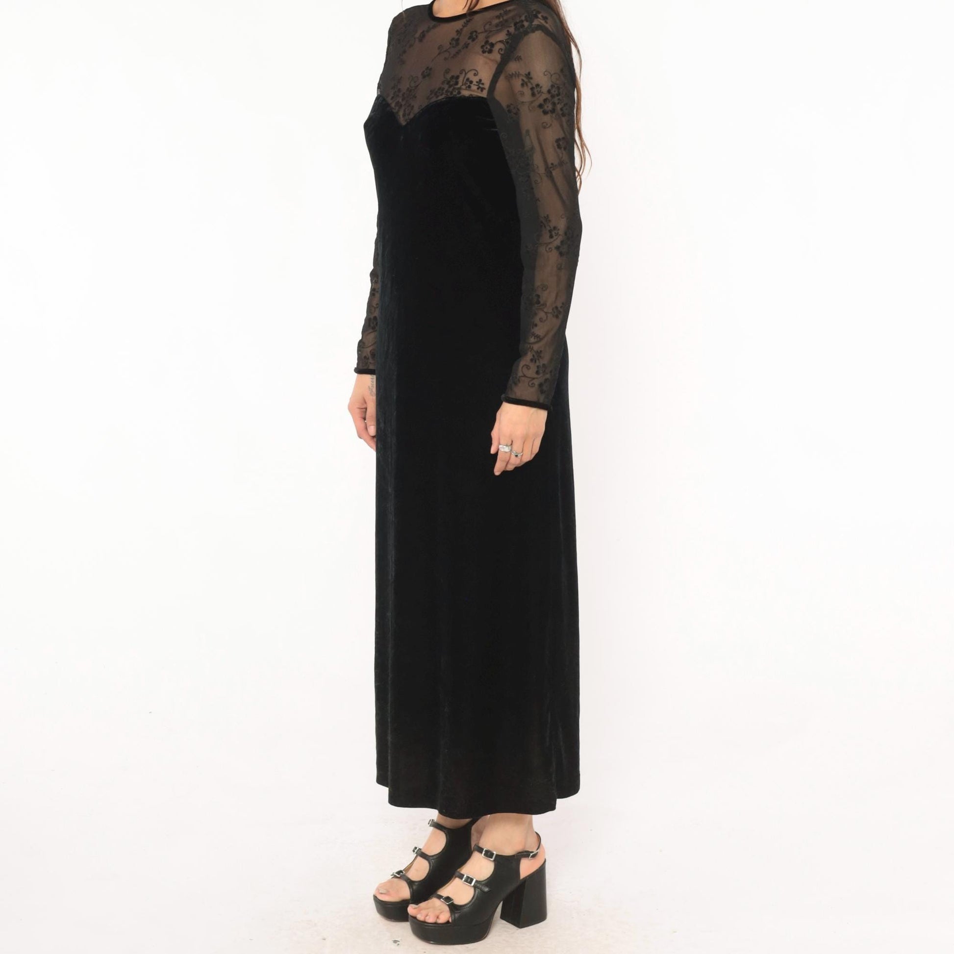 90s Kathie Lee Black Velvet Maxi Dress Embroidered Mesh Sweetheart V Back Small