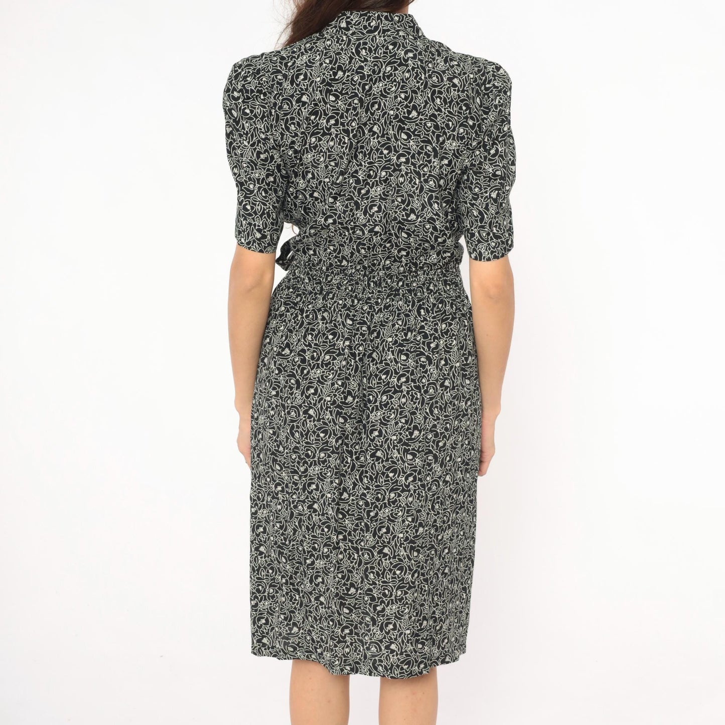 90s Karin Stevens Floral Wrap Dress Black Cream Puff Sleeve Small