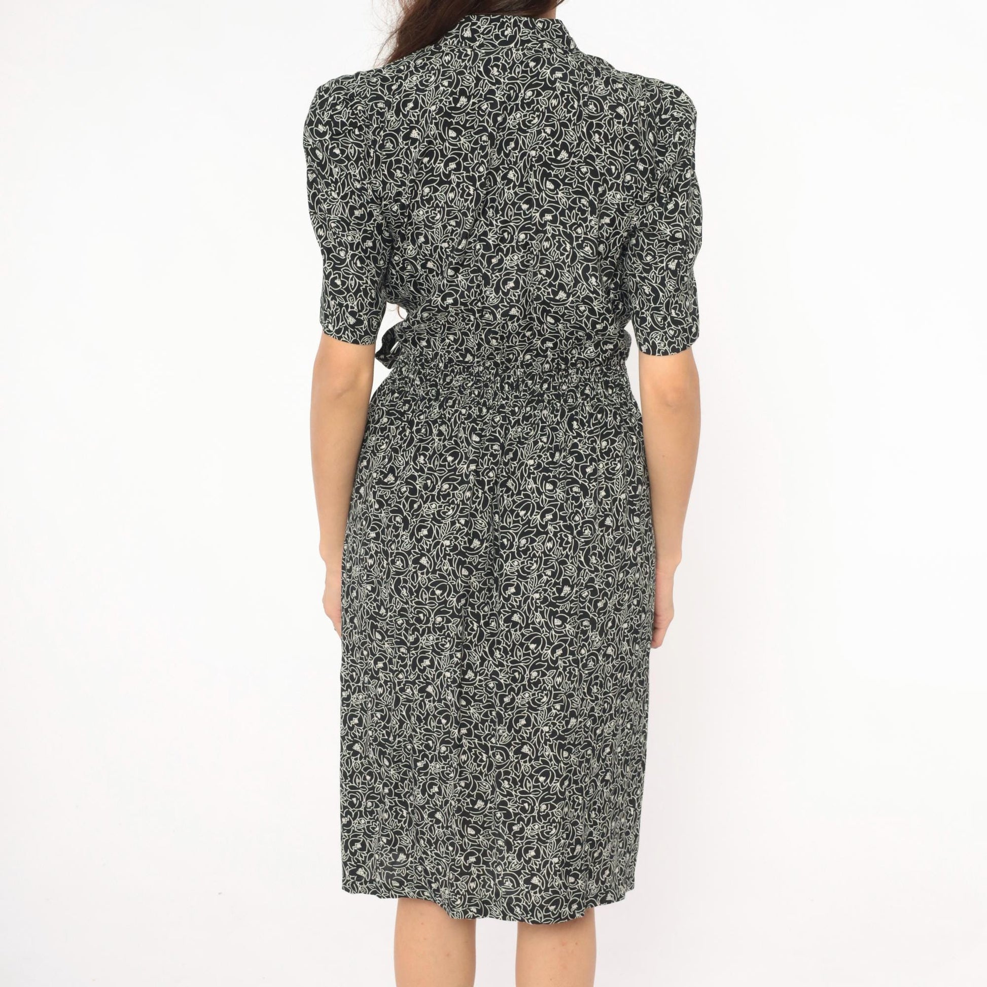 90s Karin Stevens Floral Wrap Dress Black Cream Puff Sleeve Small