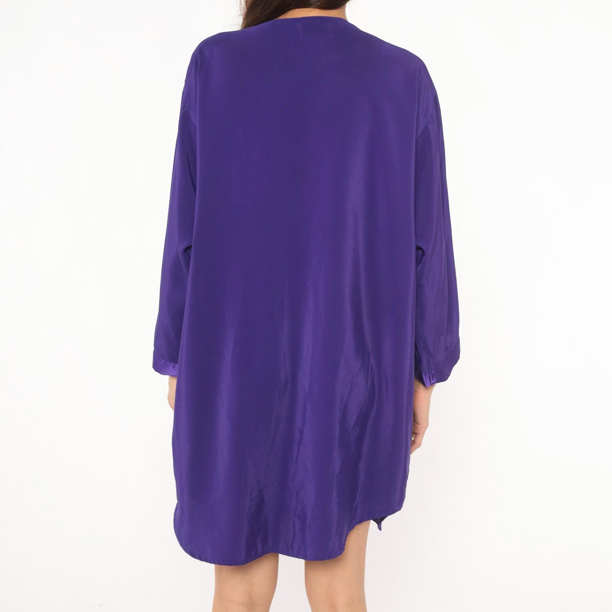 90s Beth Michaels Purple Satin Sleep Shirt Button Front V Neck Knee Length Large L