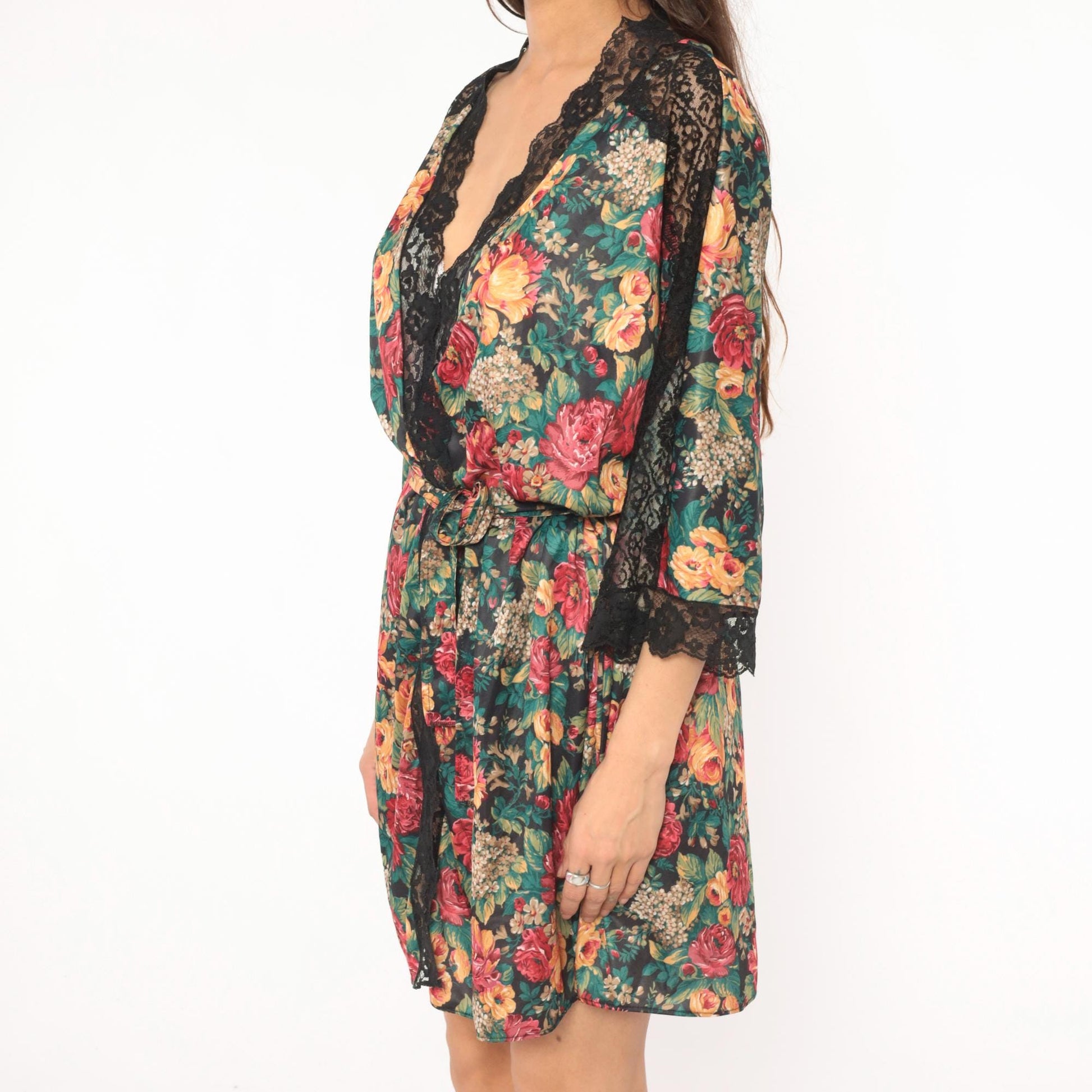 90s Sopre Lingerie Floral Wrap Robe Black Rose Print Lace Trim Plus Size 3X