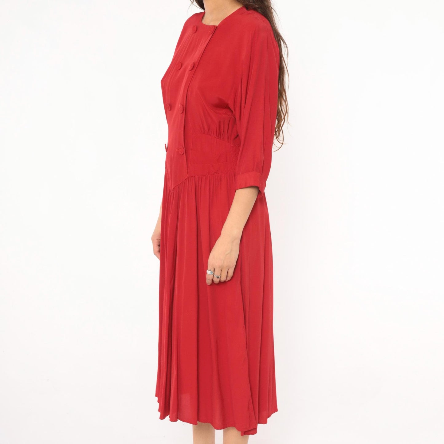 80s Piccolino Petites Crimson Double Breasted Midi Dress Round Neck Small Medium