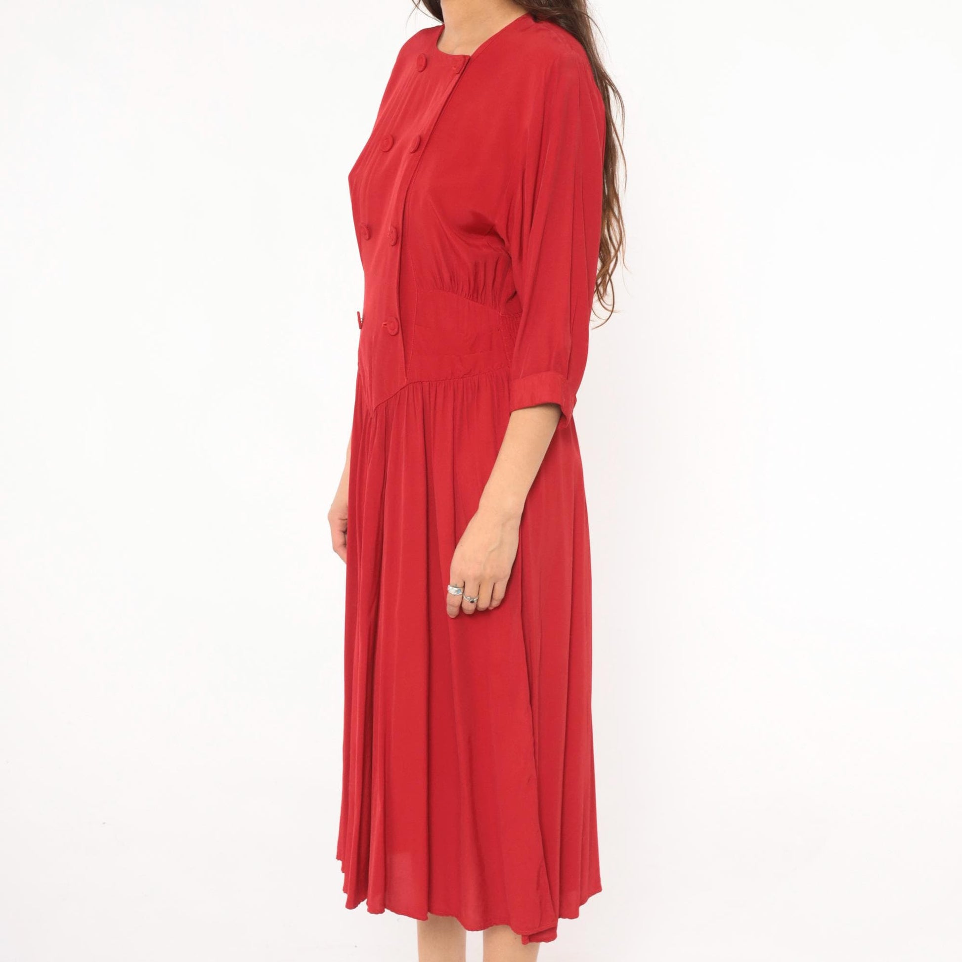 80s Piccolino Petites Crimson Double Breasted Midi Dress Round Neck Small Medium