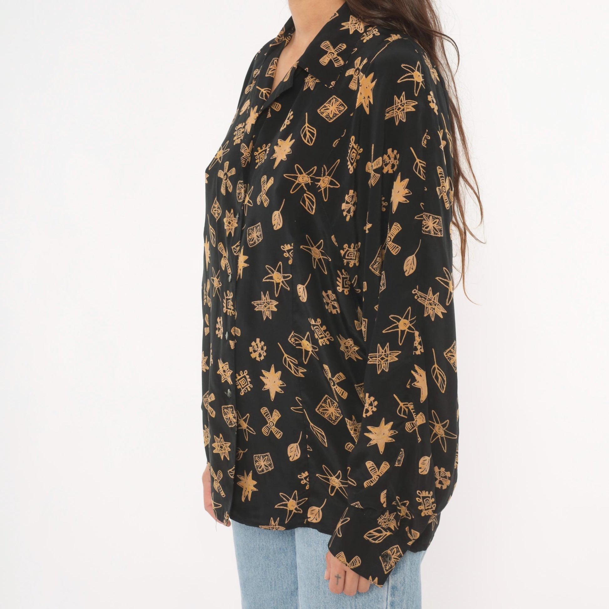 90s Annie Alexander Silk Blouse Black Gold Abstract Print Notched Collar Large L