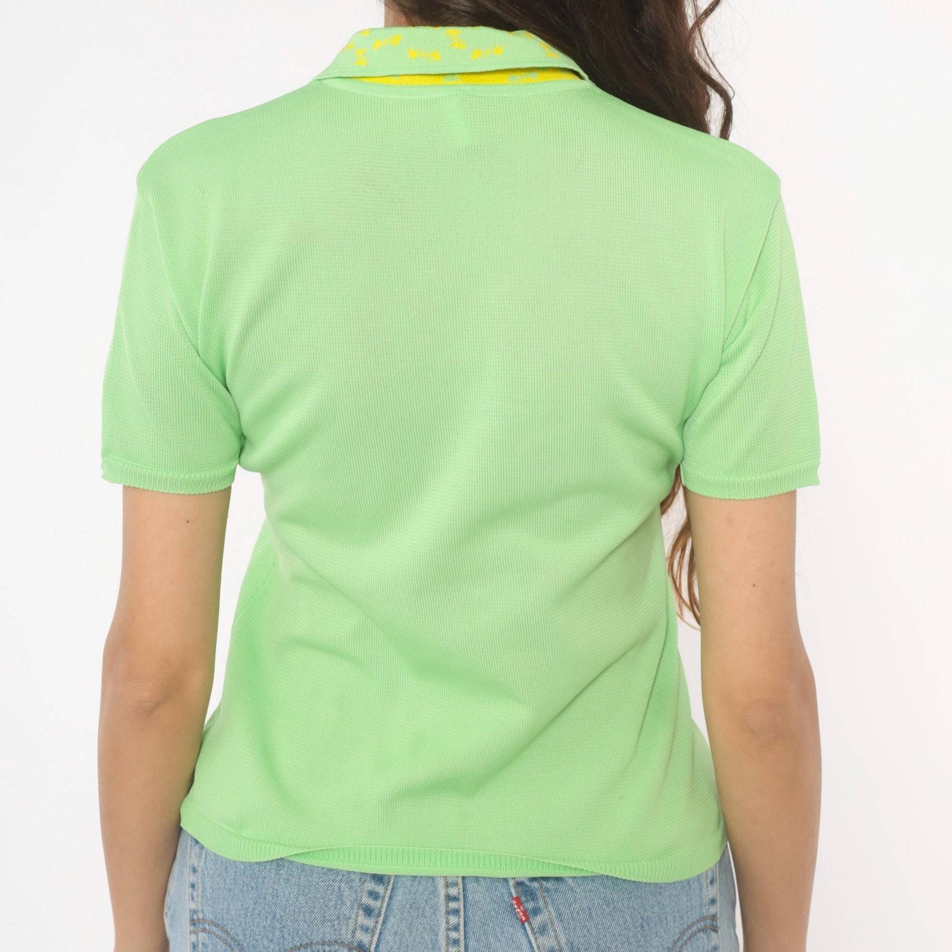 90s Lime Green Polo Knit Yellow Patterned Collar Fitted Pullover Small
