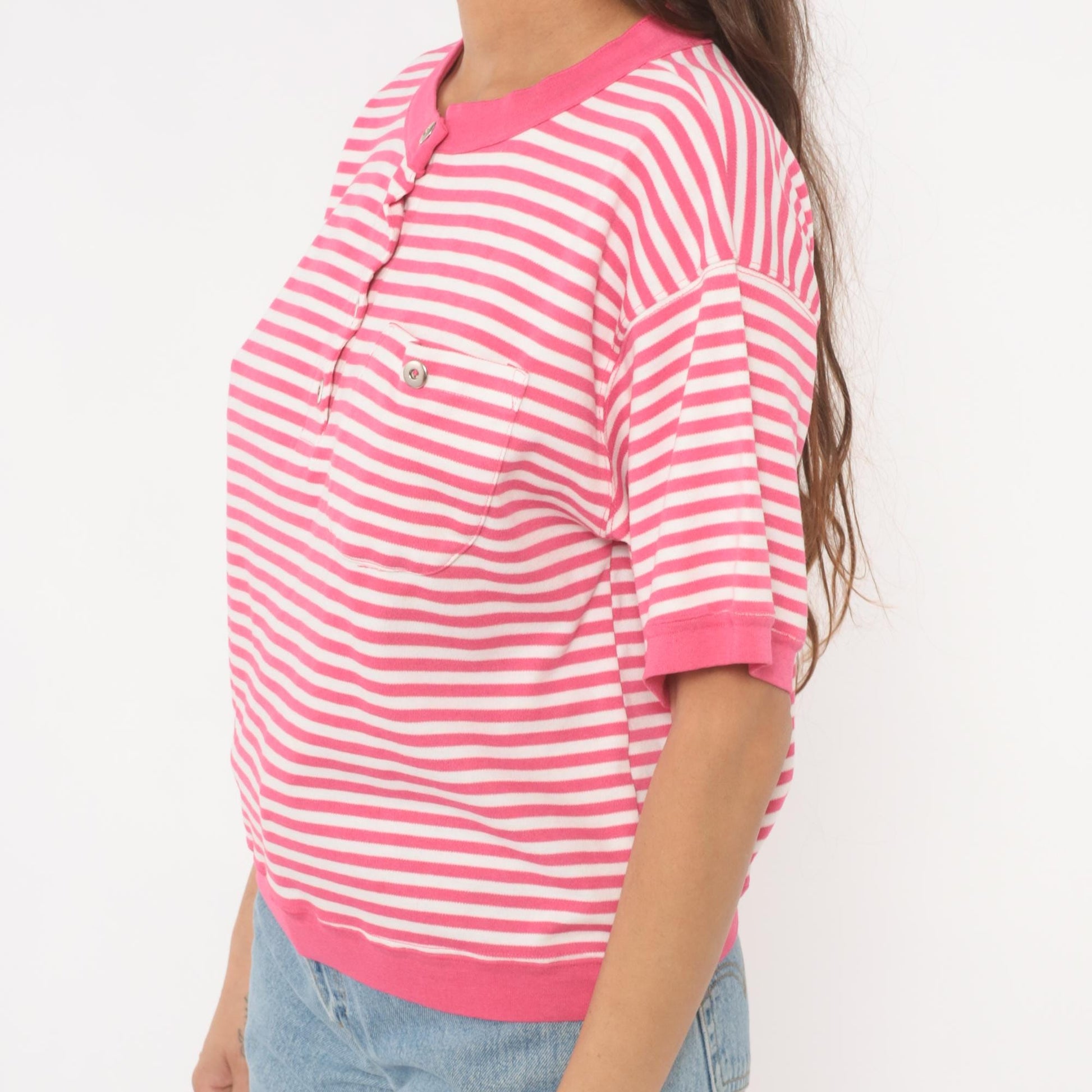 90s N Resource Pink Striped Henley Button Top Chest Pocket Medium
