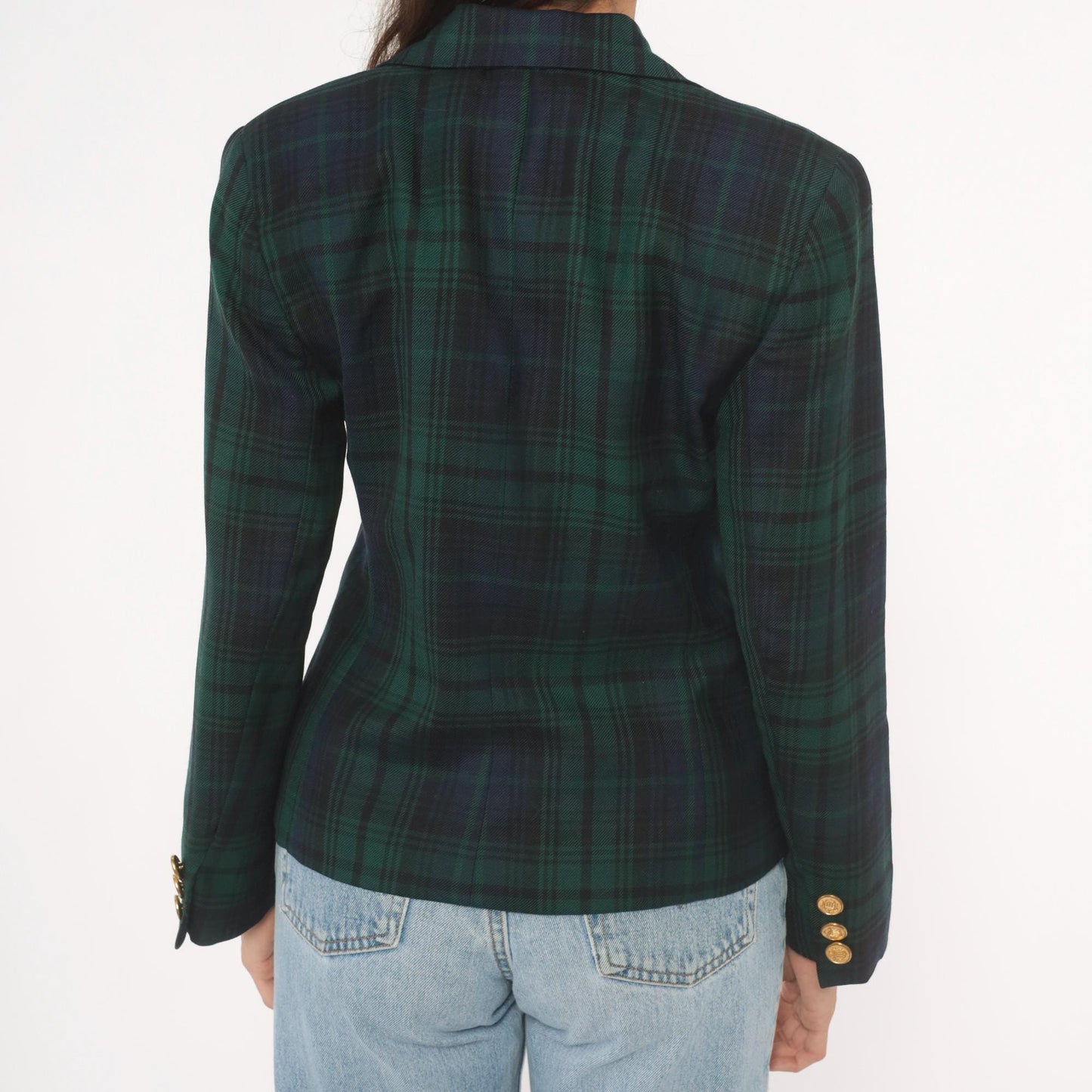 80s Rafaella Black Watch Tartan Wool Blazer Gold Button Peak Lapel Small S