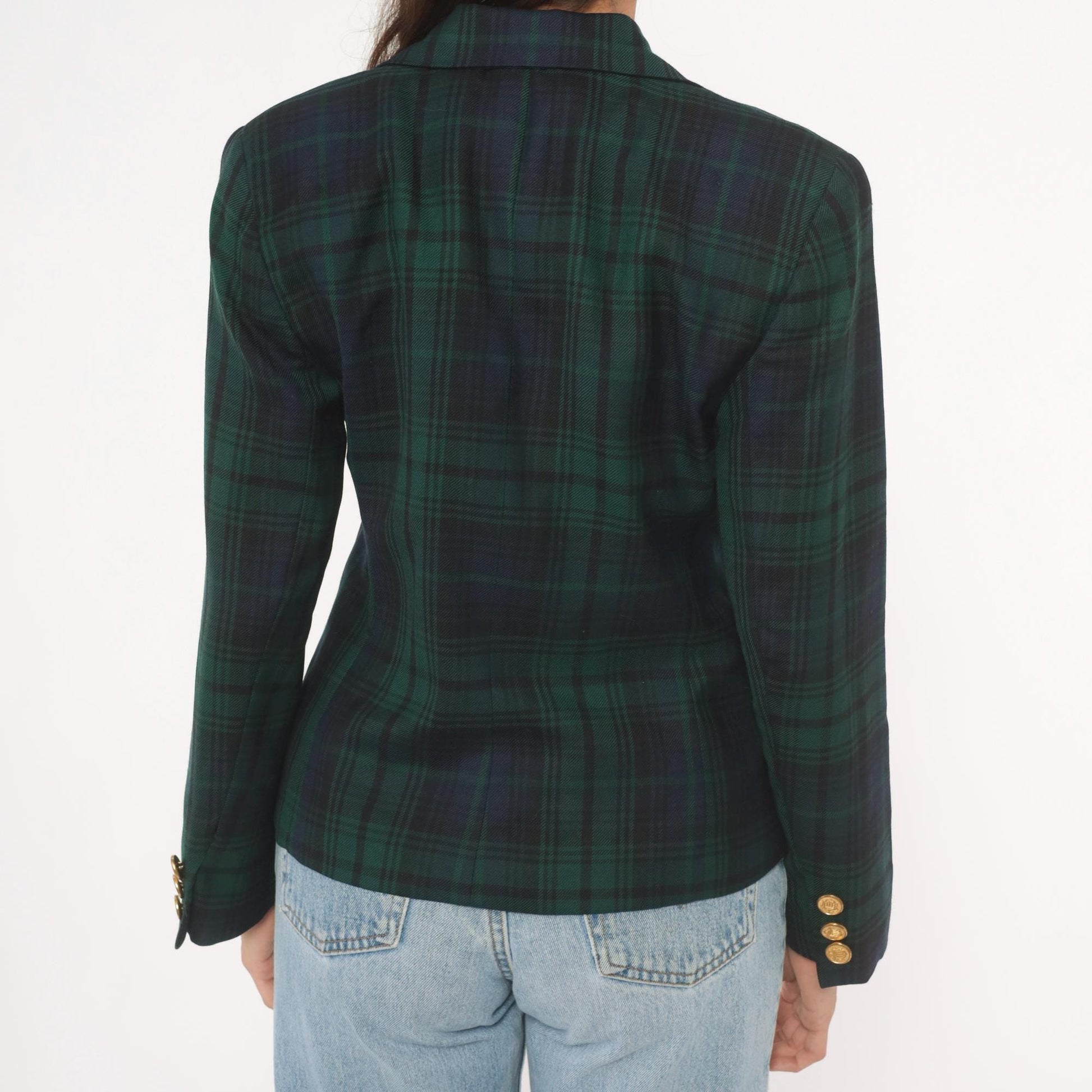 80s Rafaella Black Watch Tartan Wool Blazer Gold Button Peak Lapel Small S