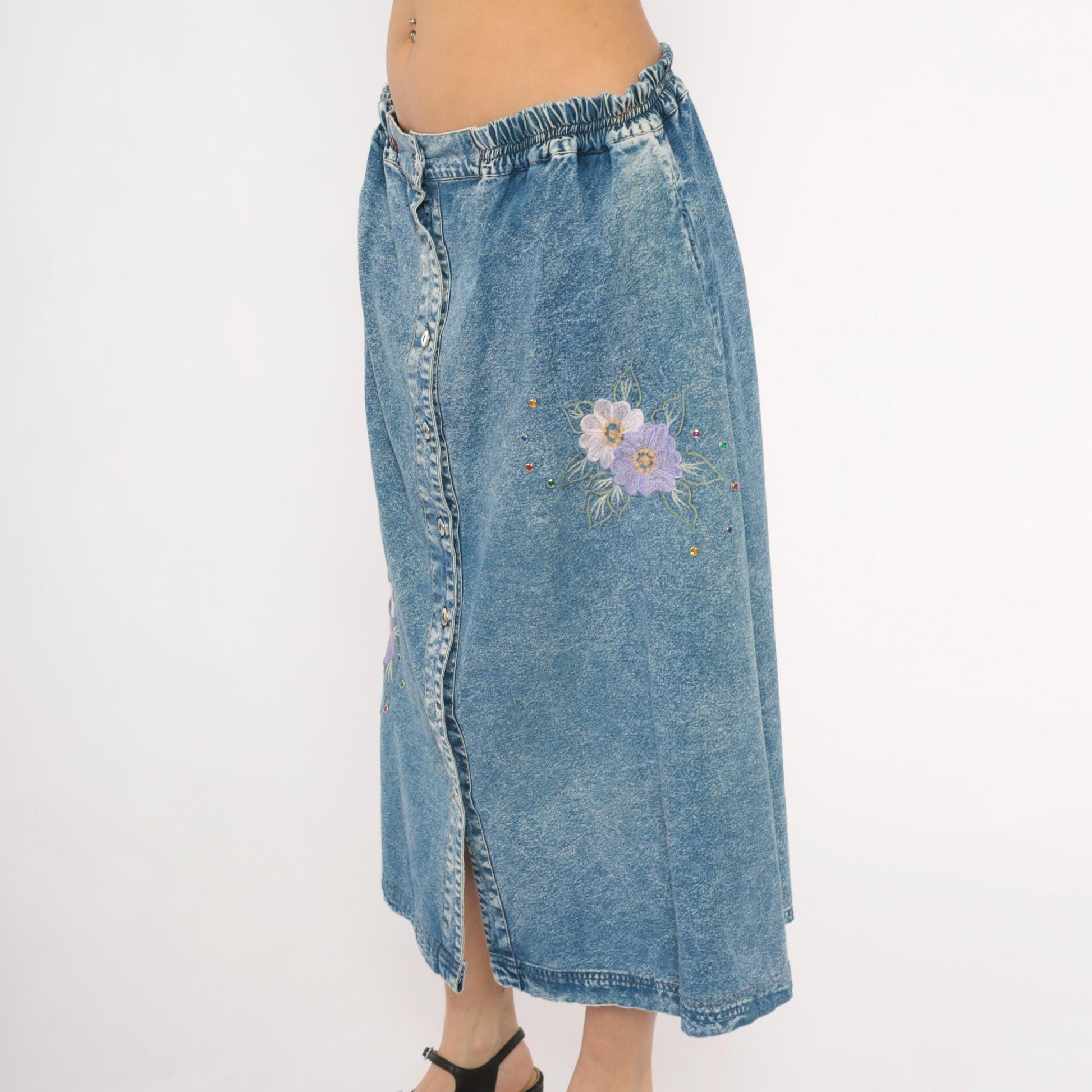 90s Carolina Bay Acid Wash Denim Midi Skirt Floral Embroidered Blue Extra Large XL