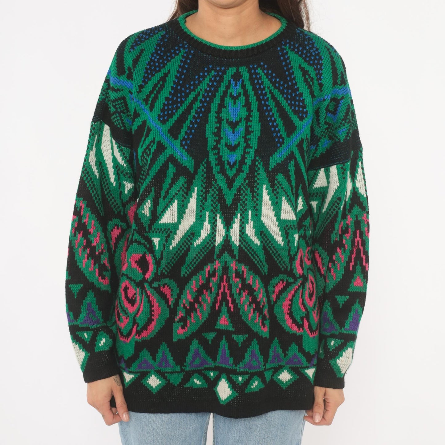 90s Venezia Geometric Jacquard Knit Sweater Green Pink Blue Crewneck XL
