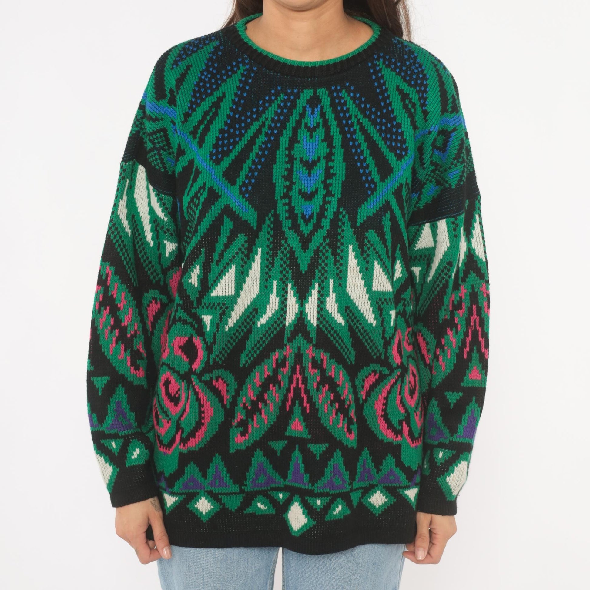 90s Venezia Geometric Jacquard Knit Sweater Green Pink Blue Crewneck XL