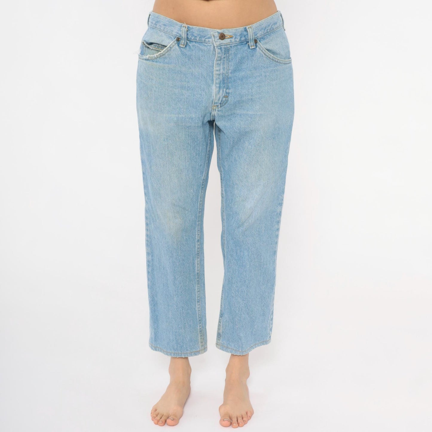 Y2K Light Wash Straight Leg Cropped Jeans Raw Hem Blue Cotton Large L