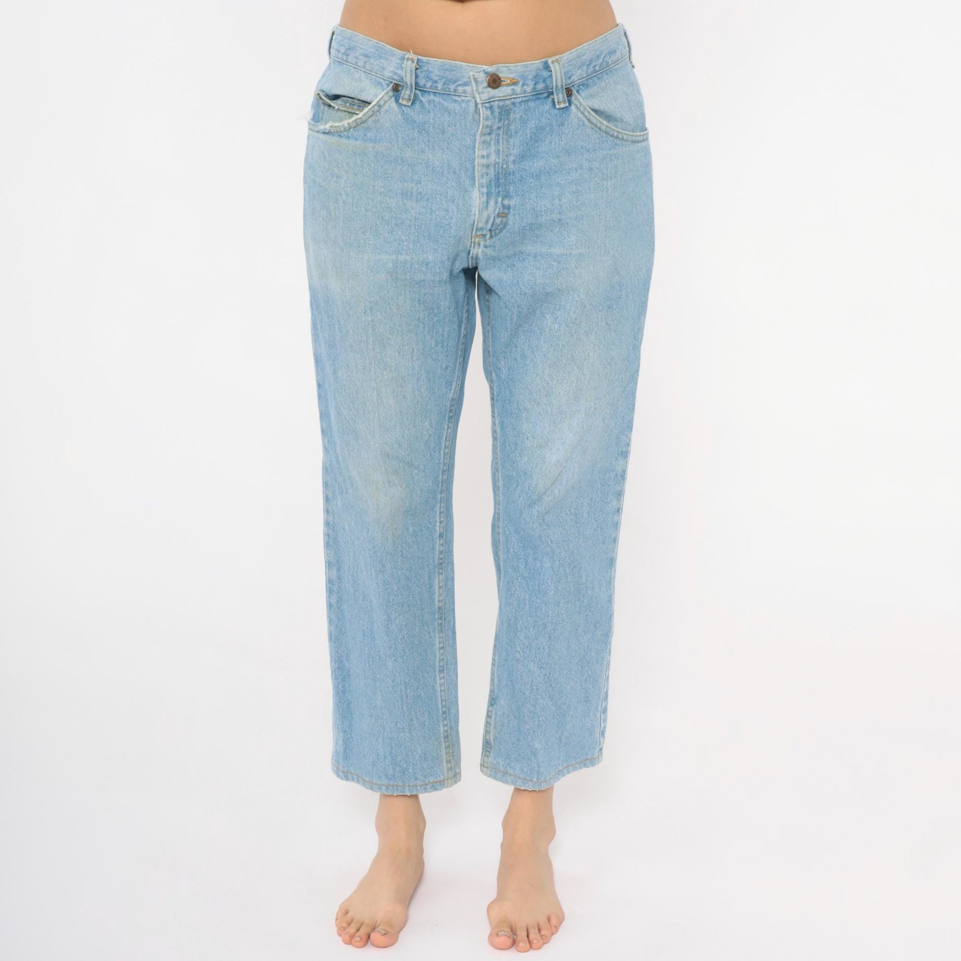 Y2K Light Wash Straight Leg Cropped Jeans Raw Hem Blue Cotton Large L