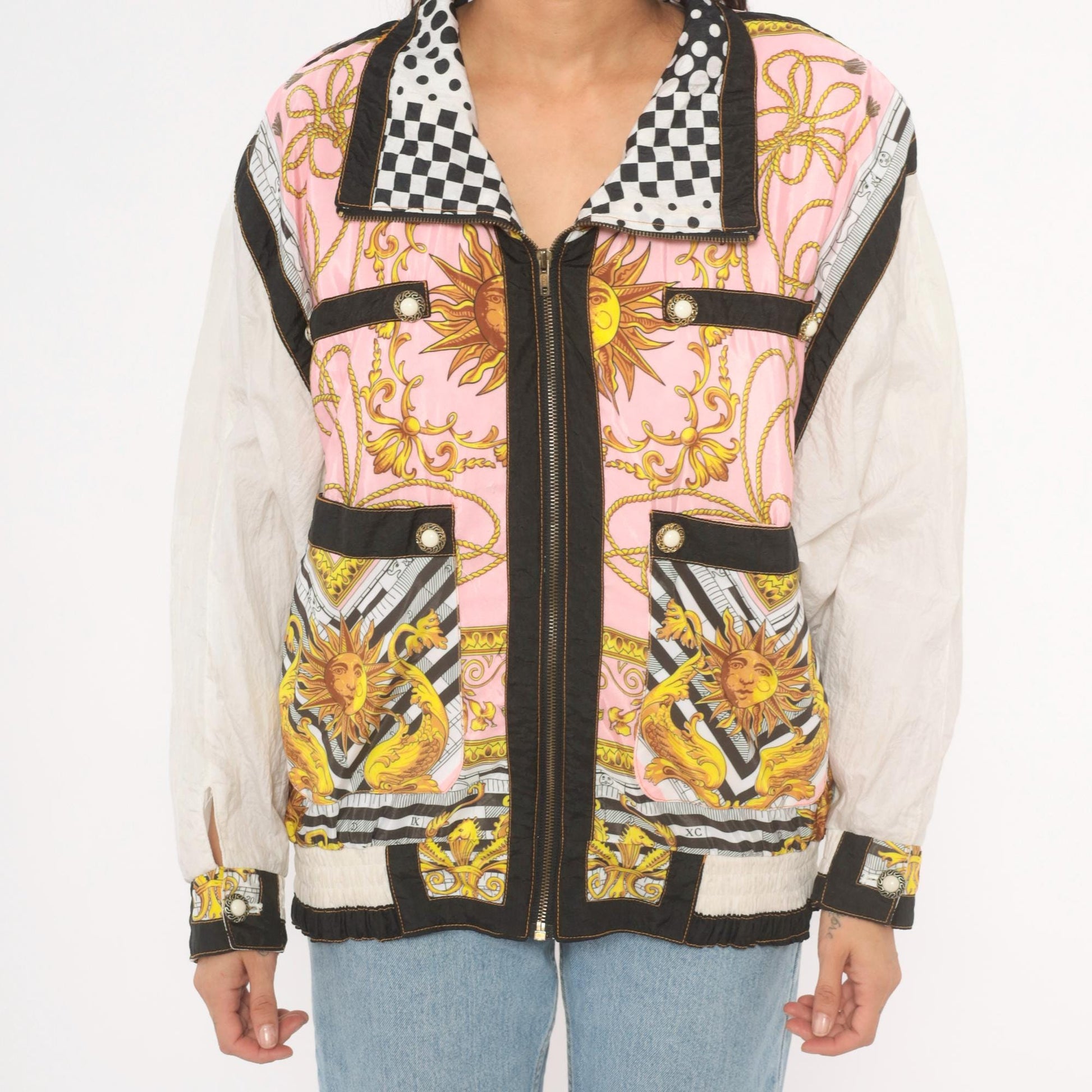 90s Giacca Sport Celestial Baroque Windbreaker Pink Gold Zip Jacket Large L
