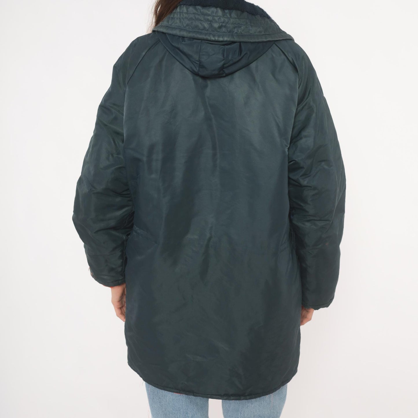 80s La Mart Navy Puffer Parka Sherpa Collar Hooded Winter Coat Large
