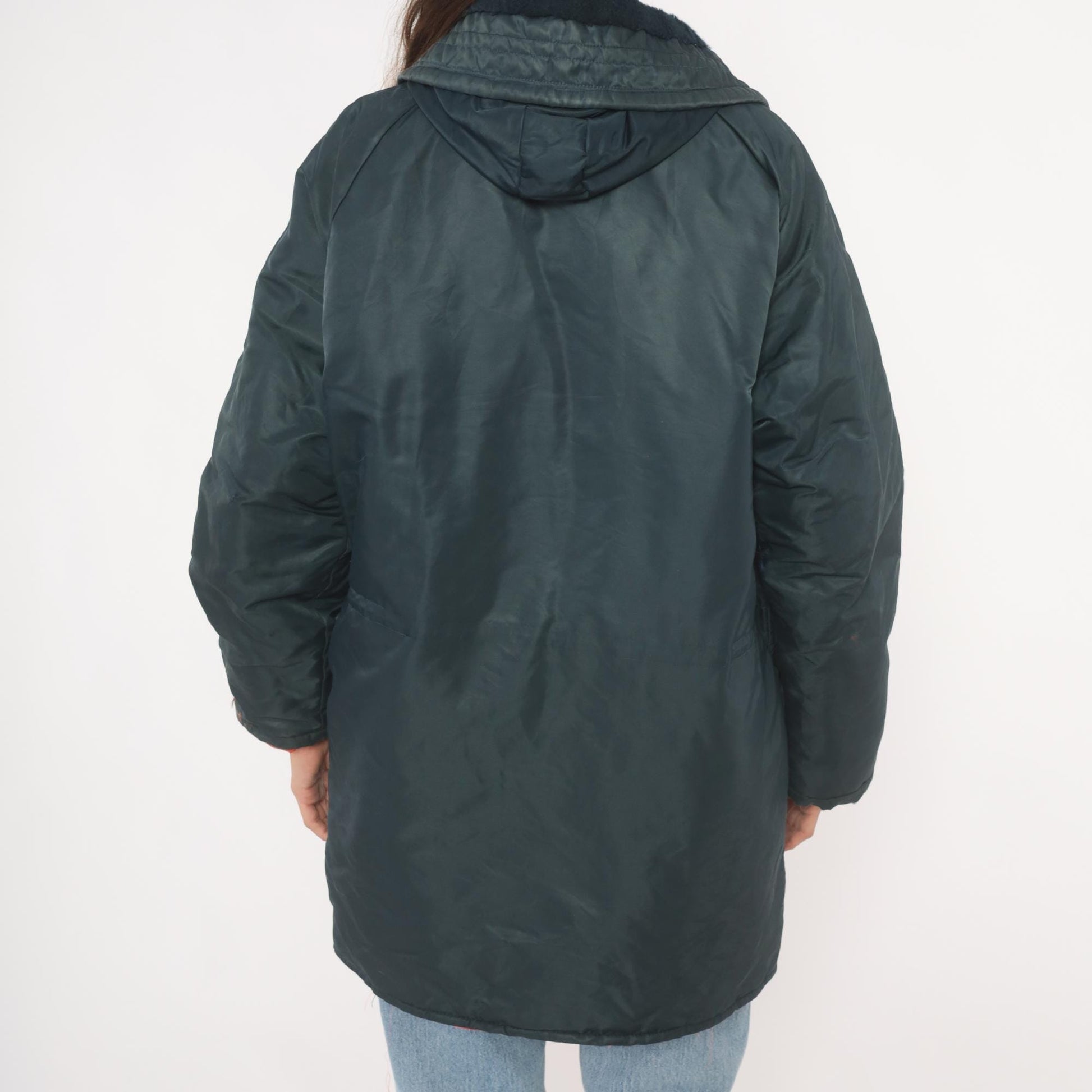 80s La Mart Navy Puffer Parka Sherpa Collar Hooded Winter Coat Large