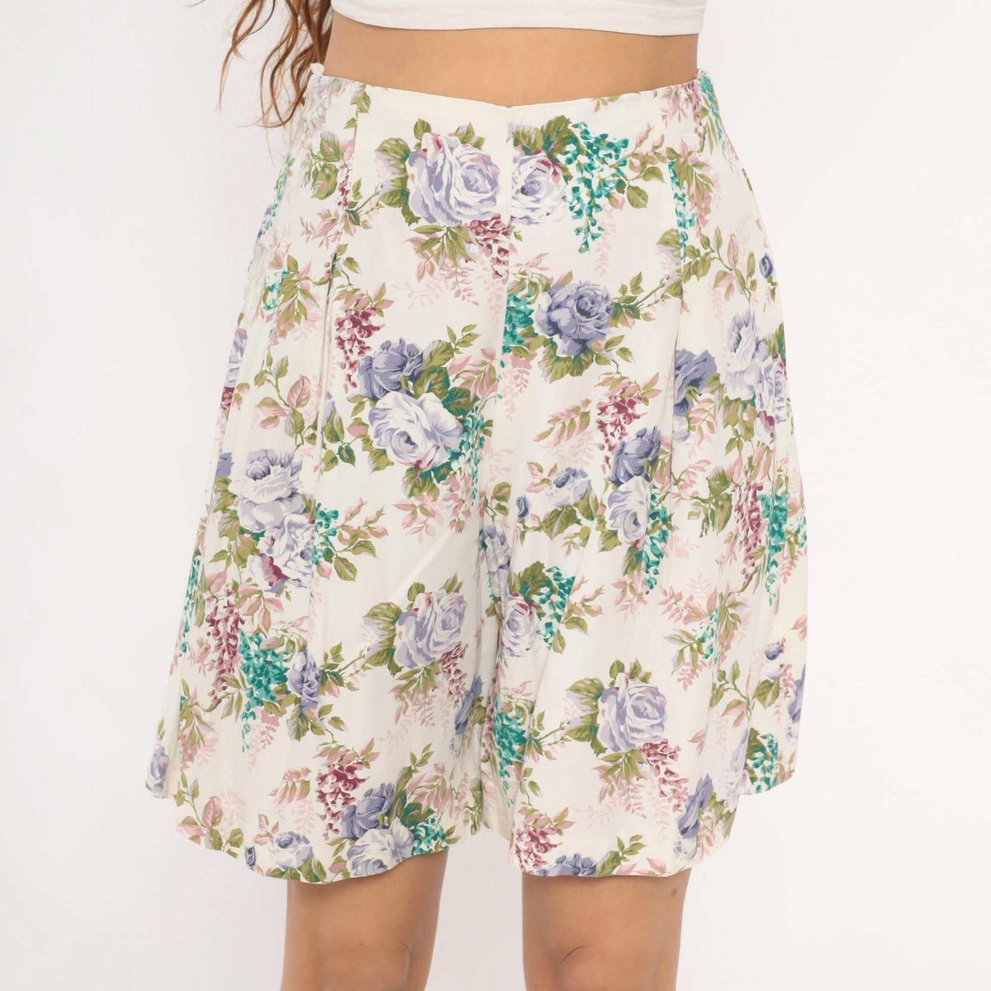 90s Floral Culotte Shorts High Waist Wide Leg Ivory Purple Rose Medium